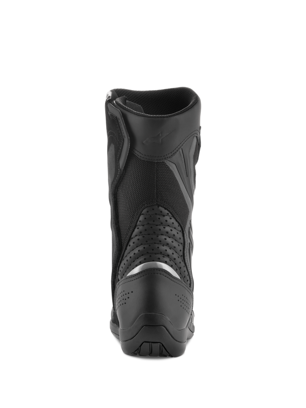 Alpinestars Air Plus V2 GORE-TEX Stiefel, Motorrad-Tourenstiefel, Schwarz, Rückansicht mit Fersen- und Wadenbereich, silberner reflektierender Einsatz, perforierte Leder-Akkordeon-Einsätze und atmungsaktive Mesh-Konstruktion