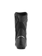 Alpinestars Air Plus V2 GORE-TEX Stiefel, Motorrad-Tourenstiefel, Schwarz, Rückansicht mit Fersen- und Wadenbereich, silberner reflektierender Einsatz, perforierte Leder-Akkordeon-Einsätze und atmungsaktive Mesh-Konstruktion