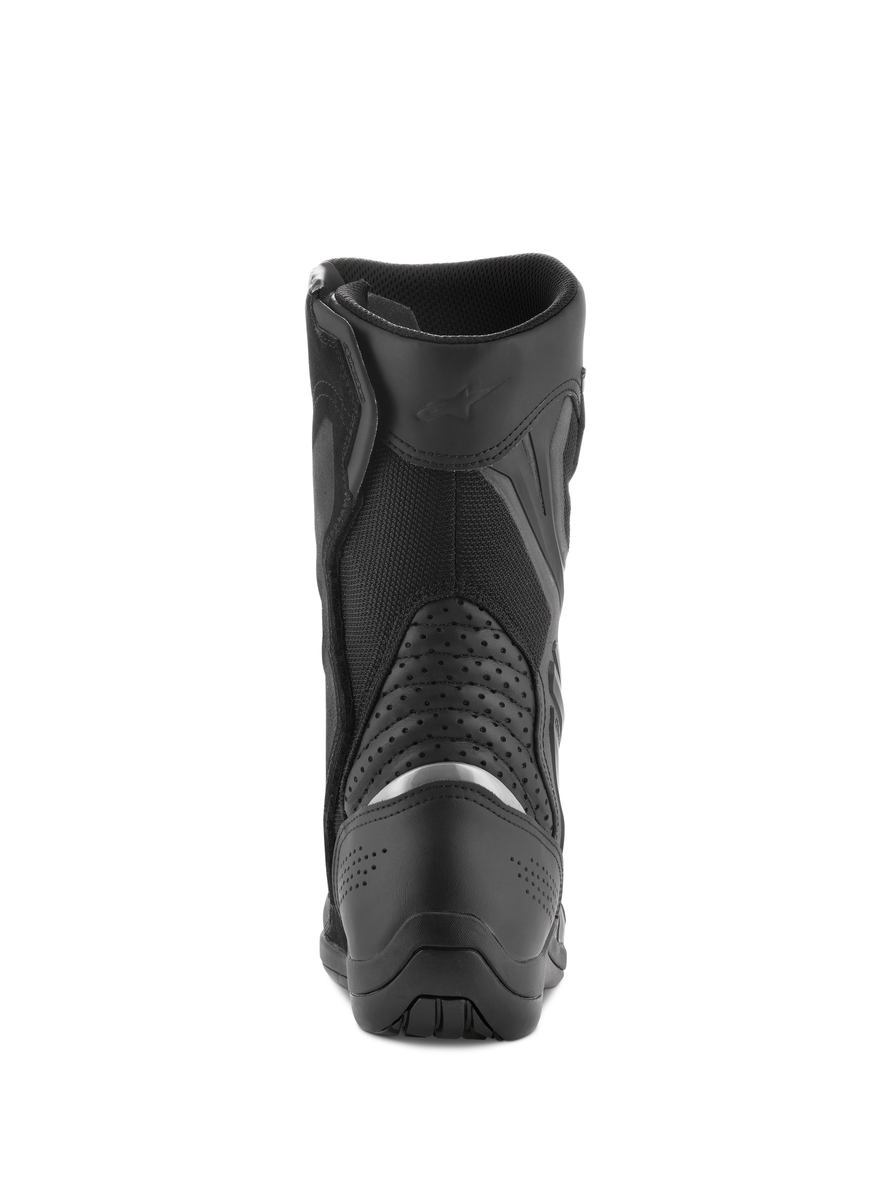 Alpinestars Air Plus V2 GORE-TEX Stiefel, Motorrad-Tourenstiefel, Schwarz, Rückansicht mit Fersen- und Wadenbereich, silberner reflektierender Einsatz, perforierte Leder-Akkordeon-Einsätze und atmungsaktive Mesh-Konstruktion