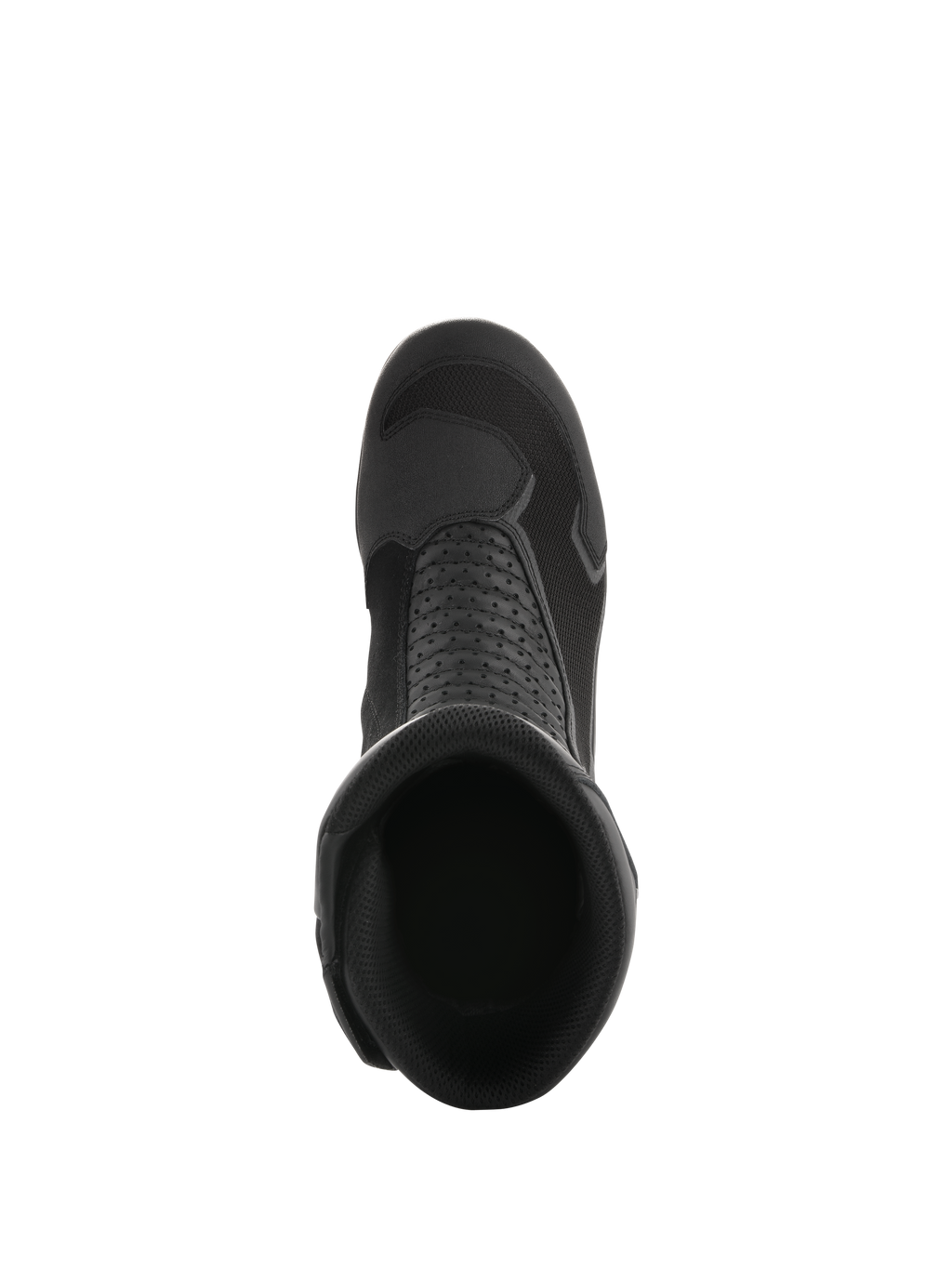 Alpinestars Air Plus V2 GORE-TEX Stiefel, Schwarz, Draufsicht mit Blick in die Stiefelöffnung, zeigt die atmungsaktive Netzkonstruktion, perforierte Lederpaneele und das stromlinienförmige Design für Motorrad-Touren.