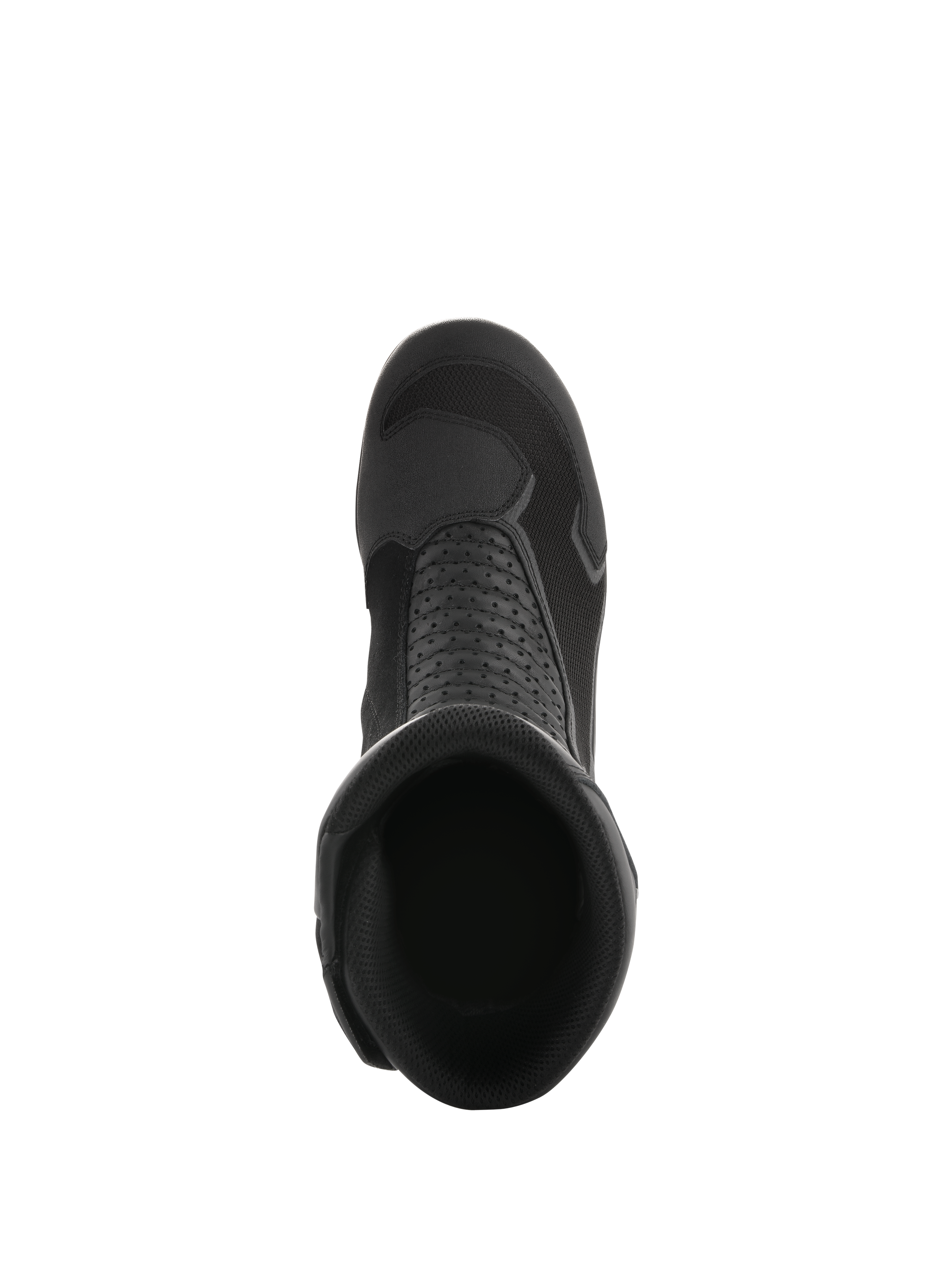 Alpinestars Air Plus V2 GORE-TEX Stiefel, Schwarz, Draufsicht mit Blick in die Stiefelöffnung, zeigt die atmungsaktive Netzkonstruktion, perforierte Lederpaneele und das stromlinienförmige Design für Motorrad-Touren.