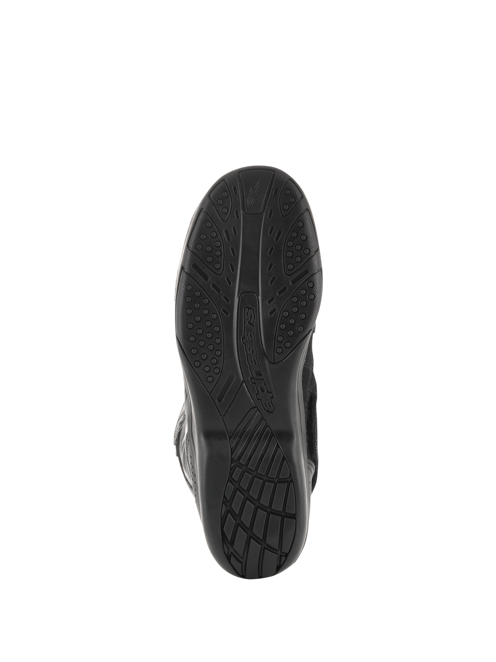 Alpinestars Air Plus V2 GORE-TEX Stiefel, Motorrad-Tourenstiefel, Schwarz, Sohlenansicht von unten zeigt das exklusive Gummimischungs-Profil für Grip und Komfort, Alpinestars-Logo