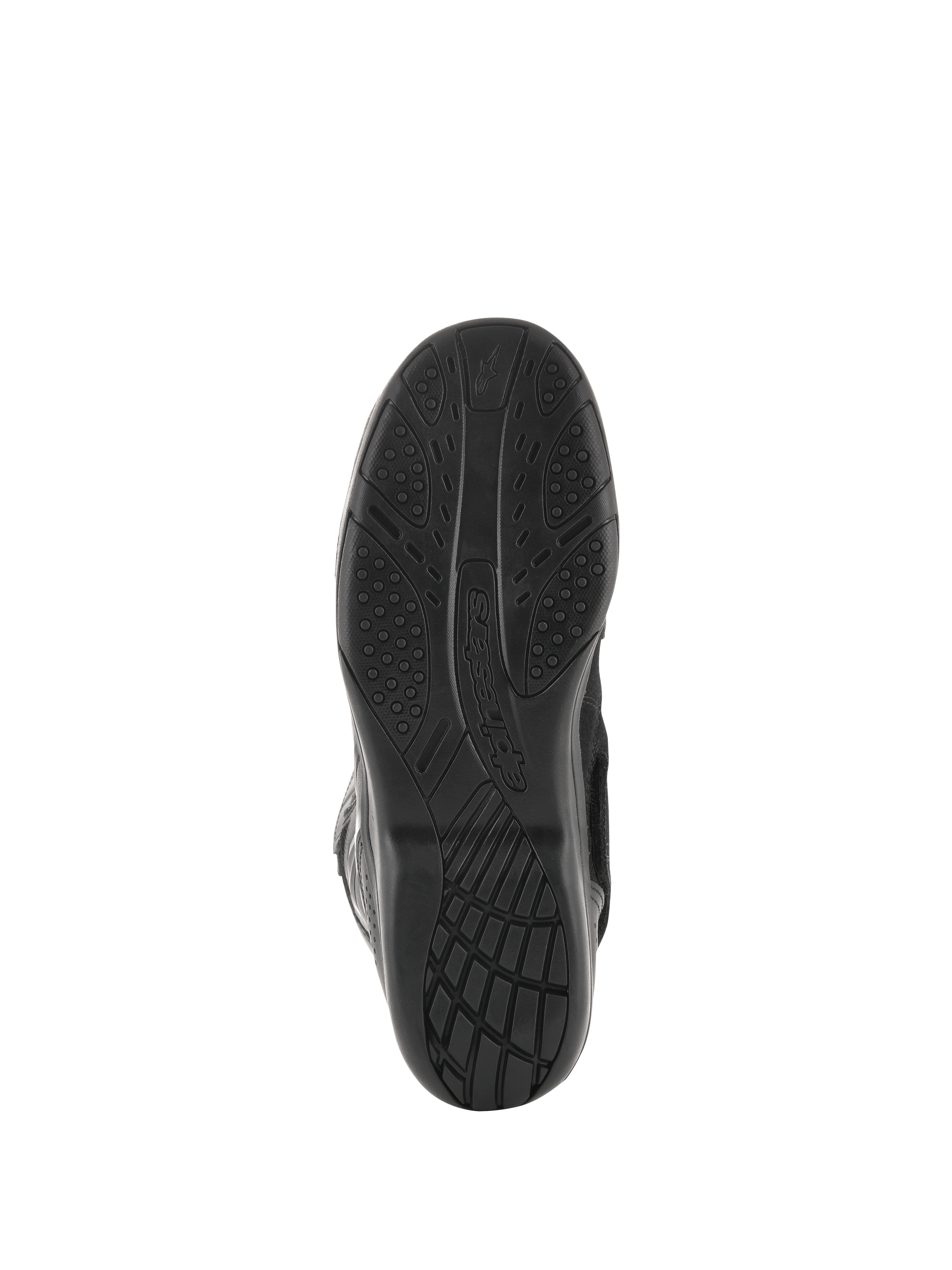 Alpinestars Air Plus V2 GORE-TEX Stiefel, Motorrad-Tourenstiefel, Schwarz, Sohlenansicht von unten zeigt das exklusive Gummimischungs-Profil für Grip und Komfort, Alpinestars-Logo