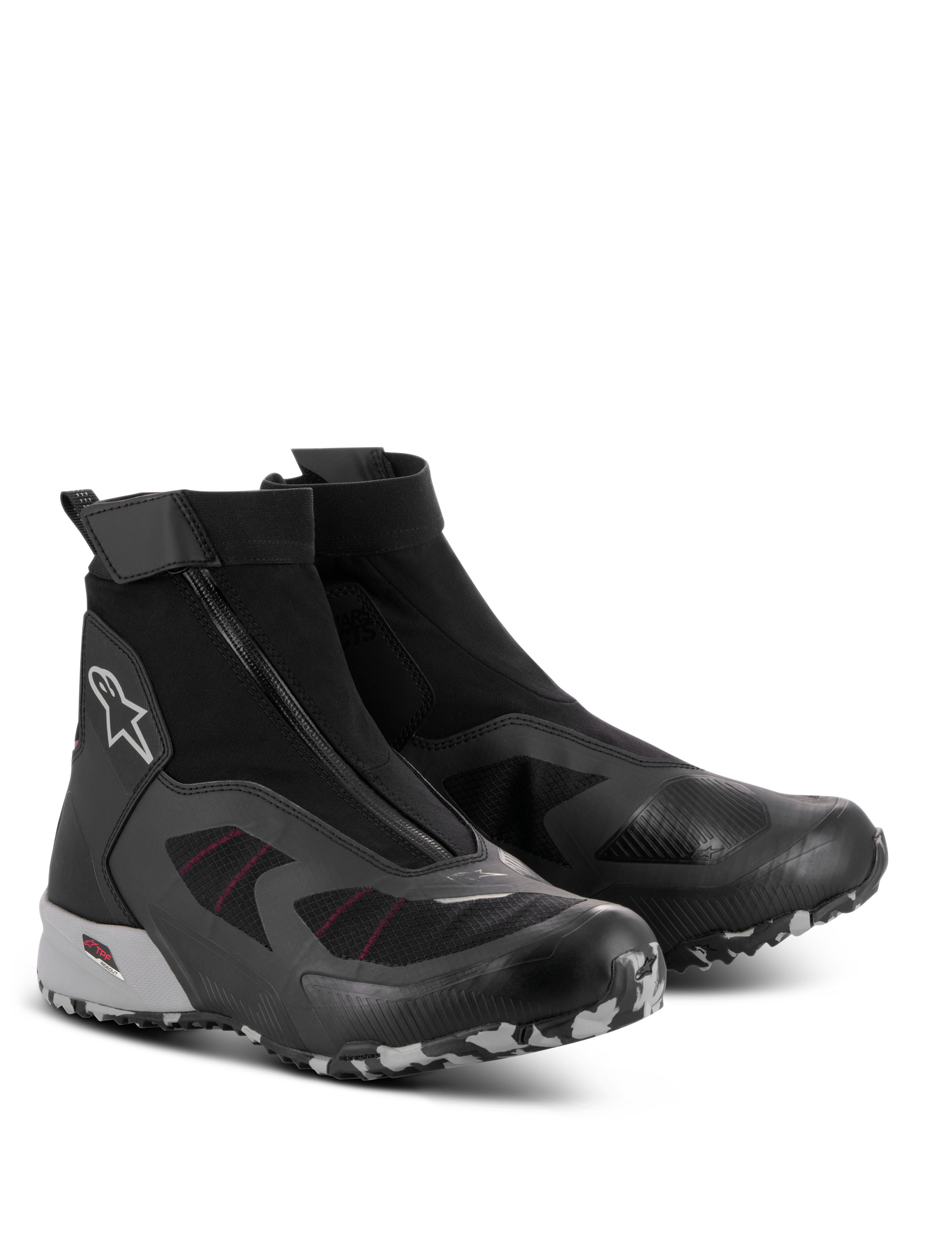 Alpinestars CR-8 GORE-TEX schoenen, waterdichte motorschoenen, zwart, middengrijs en felrood, met een schuine ritssluiting, hoog uitgesneden stretch bootie-constructie en een duurzame profielzool met camouflagepatroon