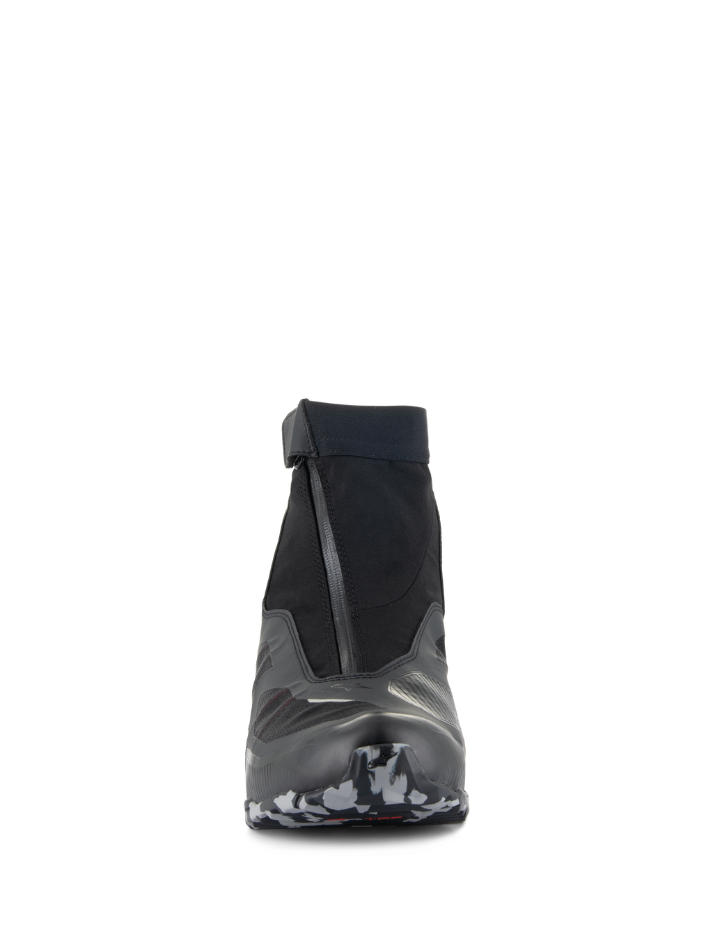 Alpinestars CR-8 GORE-TEX schoenen, motorschoenen, zwart, middengrijs en felrood, vooraanzicht met een schuine waterdichte ritssluiting en elastische kraag, zool met camouflagepatroon, slank waterdicht touring-ontwerp