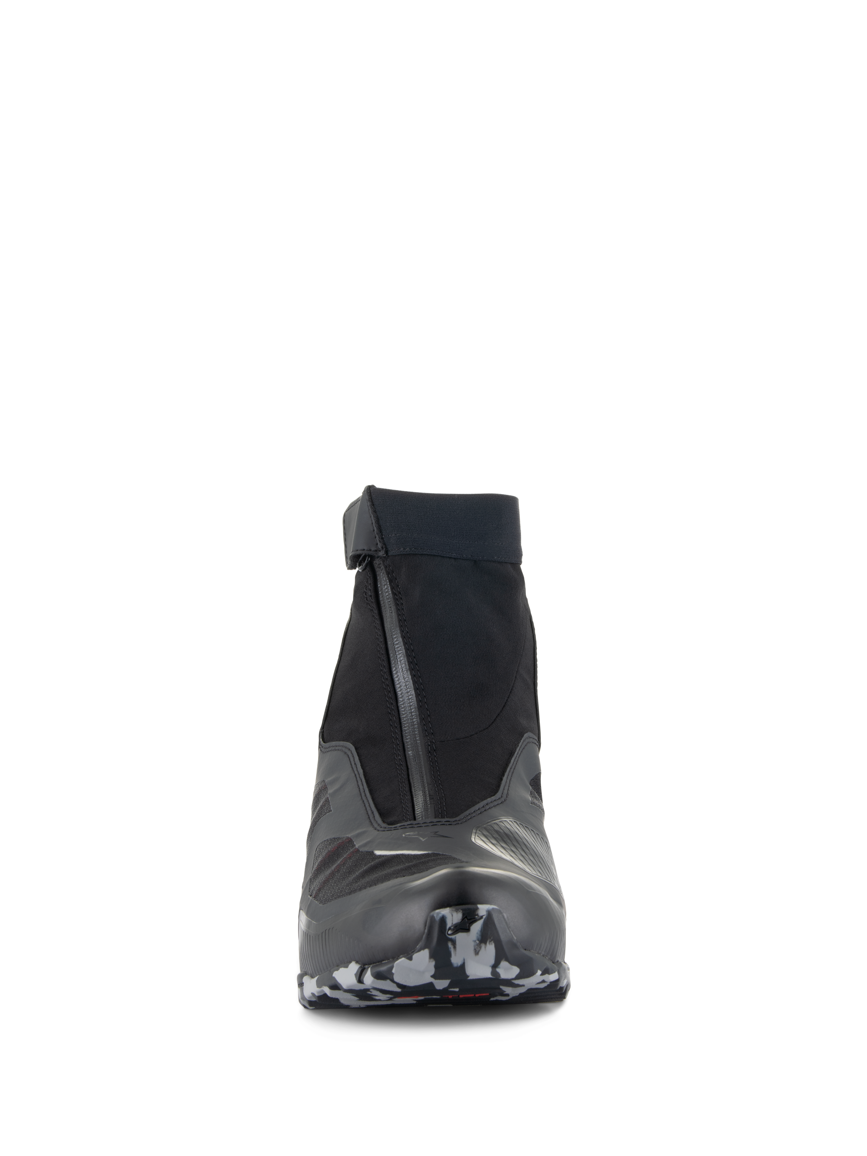 Alpinestars CR-8 GORE-TEX schoenen, motorschoenen, zwart, middengrijs en felrood, vooraanzicht met een schuine waterdichte ritssluiting en elastische kraag, zool met camouflagepatroon, slank waterdicht touring-ontwerp