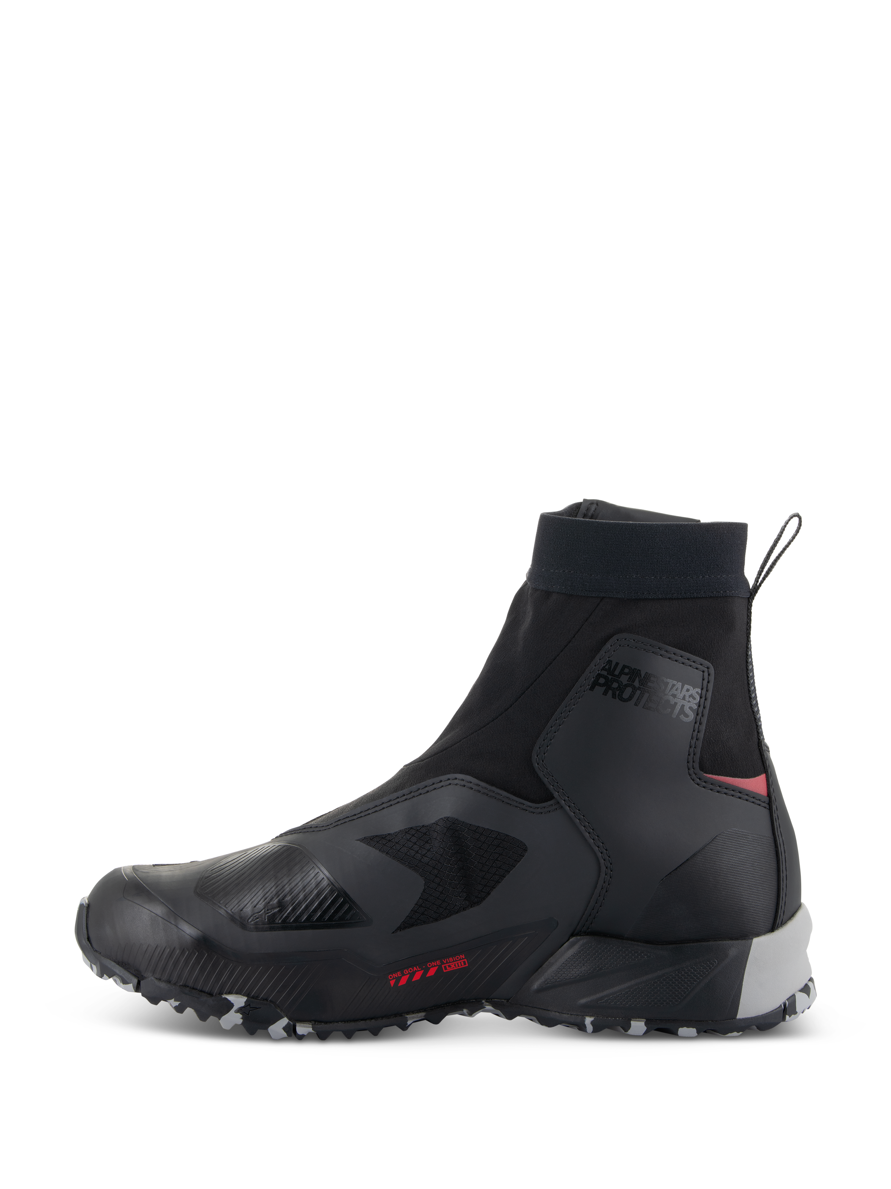 Alpinestars CR-8 GORE-TEX schoenen, waterdichte motorschoenen, zwart, middengrijs en felrood, zijaanzicht met een slank zwart bovenwerk van textiel, hoog uitgesneden elastische kraag, 'ALPINESTARS PROTECTS'-branding op de enkel, middengrijze hielondersteuning en felrode accenten.