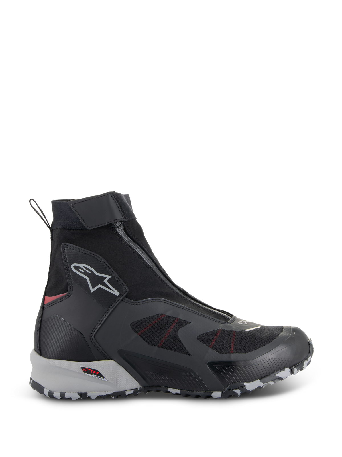 Alpinestars CR-8 GORE-TEX, chaussures de moto imperméables, noir et gris moyen avec des accents rouge vif, design montant avec fermeture éclair frontale inclinée, construction textile sans couture et semelle robuste marbrée grise et blanche