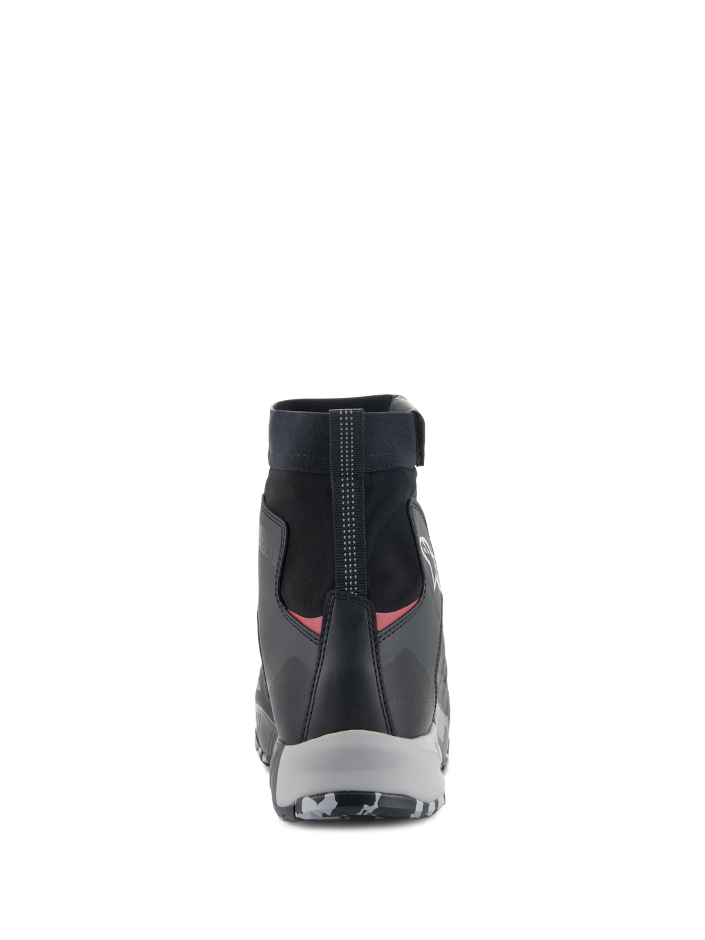 Alpinestars CR-8 GORE-TEX schoenen, waterdichte motorschoenen, zwart met grijs en felrood, achteraanzicht met de nadruk op de hoge elastische kraag, versterkte hielkap en grijze tussenzool.