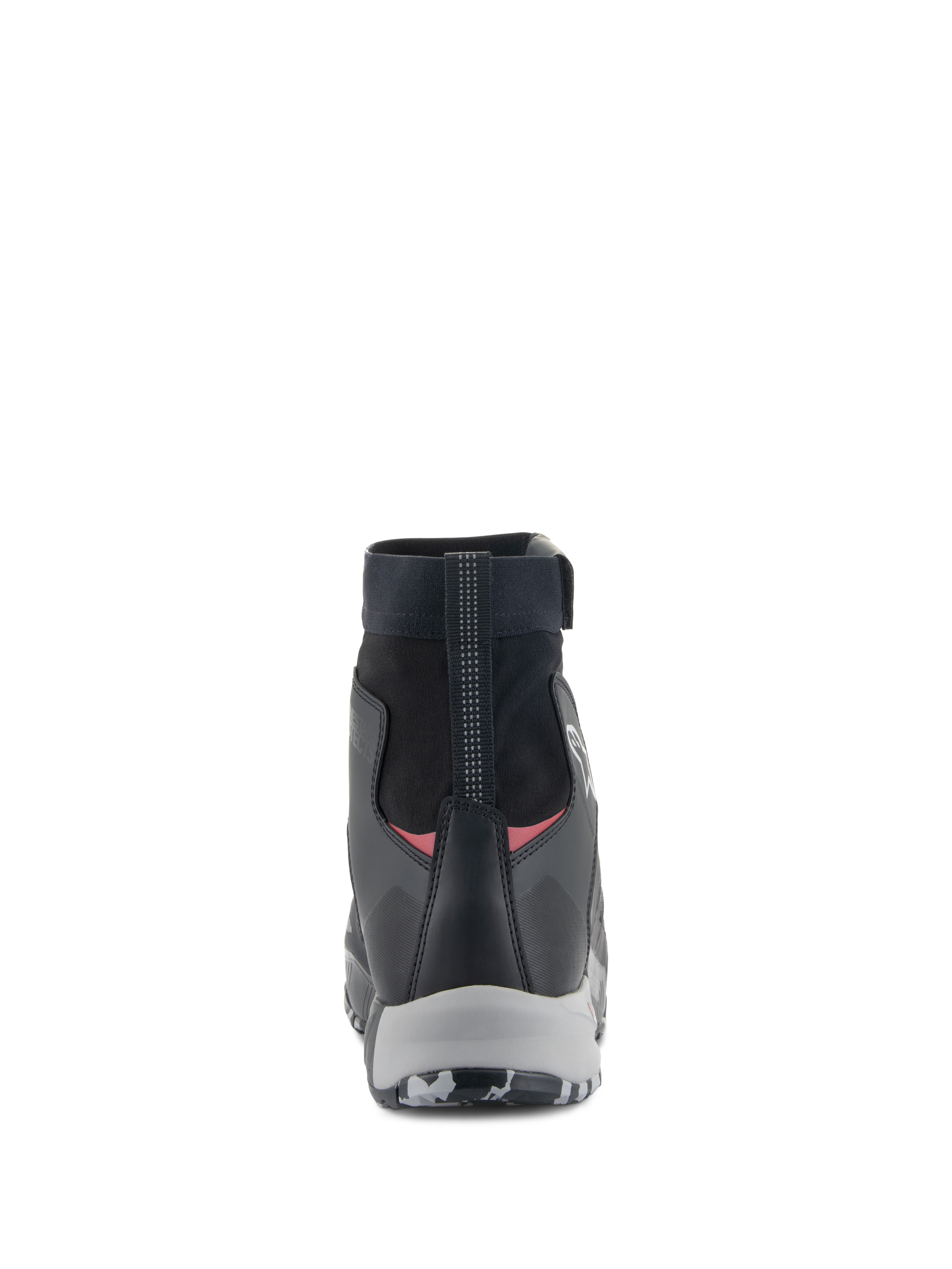 Alpinestars CR-8 GORE-TEX schoenen, waterdichte motorschoenen, zwart met grijs en felrood, achteraanzicht met de nadruk op de hoge elastische kraag, versterkte hielkap en grijze tussenzool.