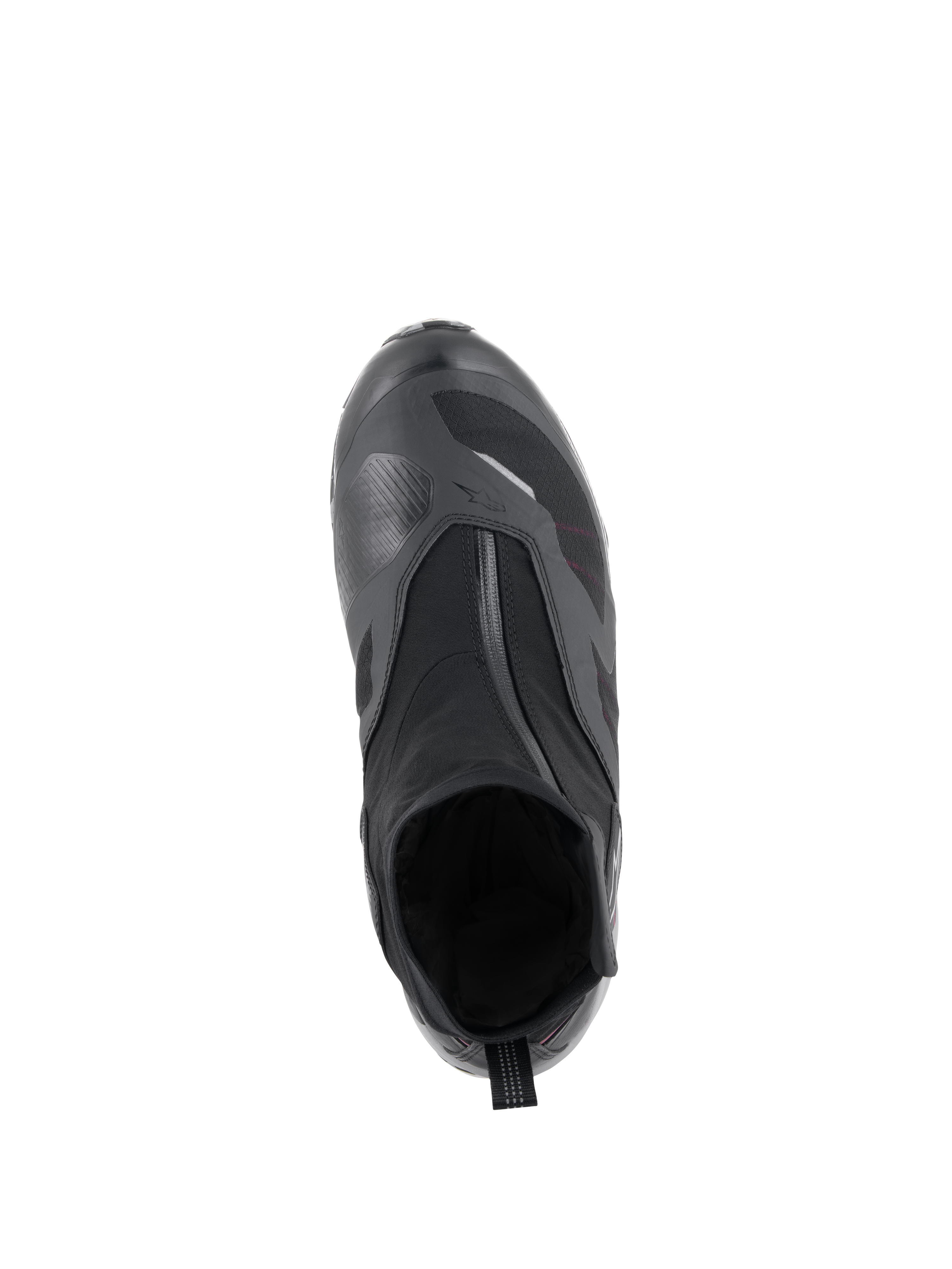 Alpinestars CR-8 GORE-TEX schoen in zwart, middengrijs en felrood, bovenaanzicht met de schuine waterdichte ritssluiting, binnenlaarsconstructie en getextureerde schakelpedaalversterking voor motor touring in alle weersomstandigheden.