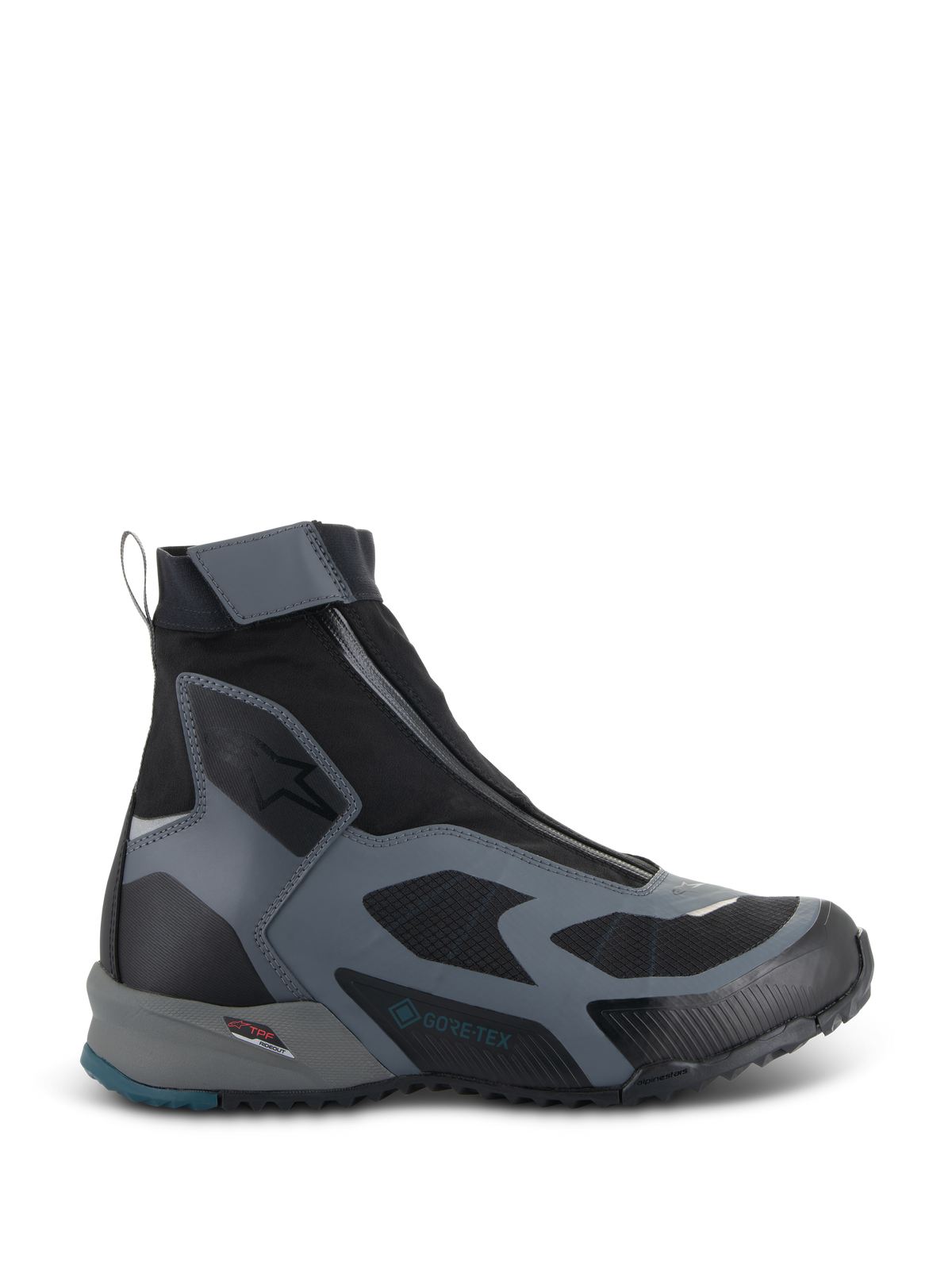 Alpinestars CR-8 GORE-TEX Schuhe, Motorradstiefel in Schwarz und Dunkelgrau, wasserdichtes High-Top-Design mit schrägem Reißverschluss, atmungsaktive Textileinsätze, TPF-Schutzrahmen, robuste Sohle mit petrolblauem Fersenakzent