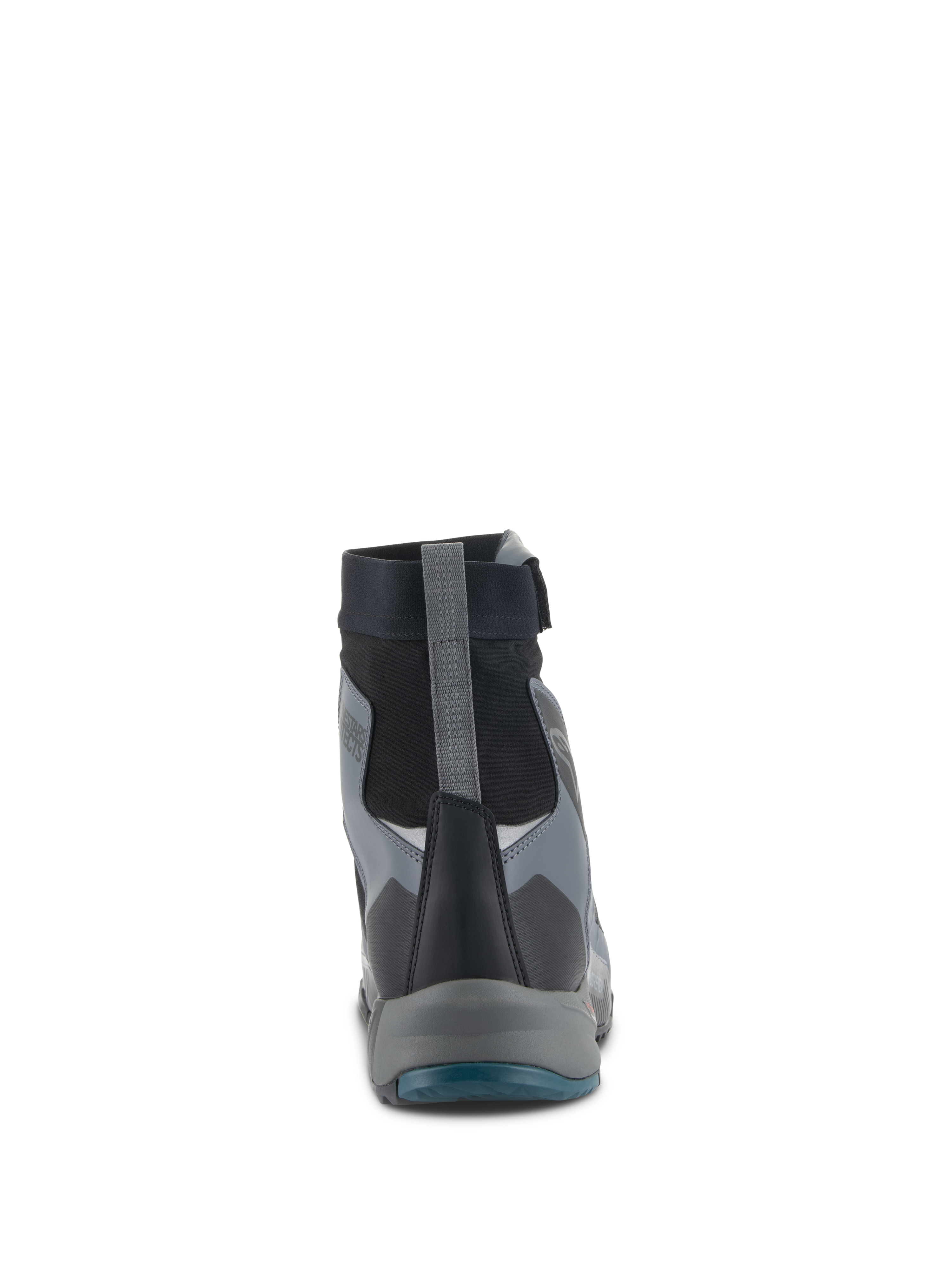 Alpinestars CR-8 GORE-TEX Shoes, Motorcycle Riding Shoes, Black Dark Gray and Petrol Blue, rear view featuring the high-cut waterproof bootie, gray heel pull tab, and layered protective panels