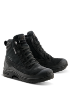Alpinestars Woman Judy Waterproof Boots, Black motorcycle boots, combat-inspired design with lace-up closure, featuring a waterproof tag, suede and textile construction, and a durable rubber sole for riding and walking comfort