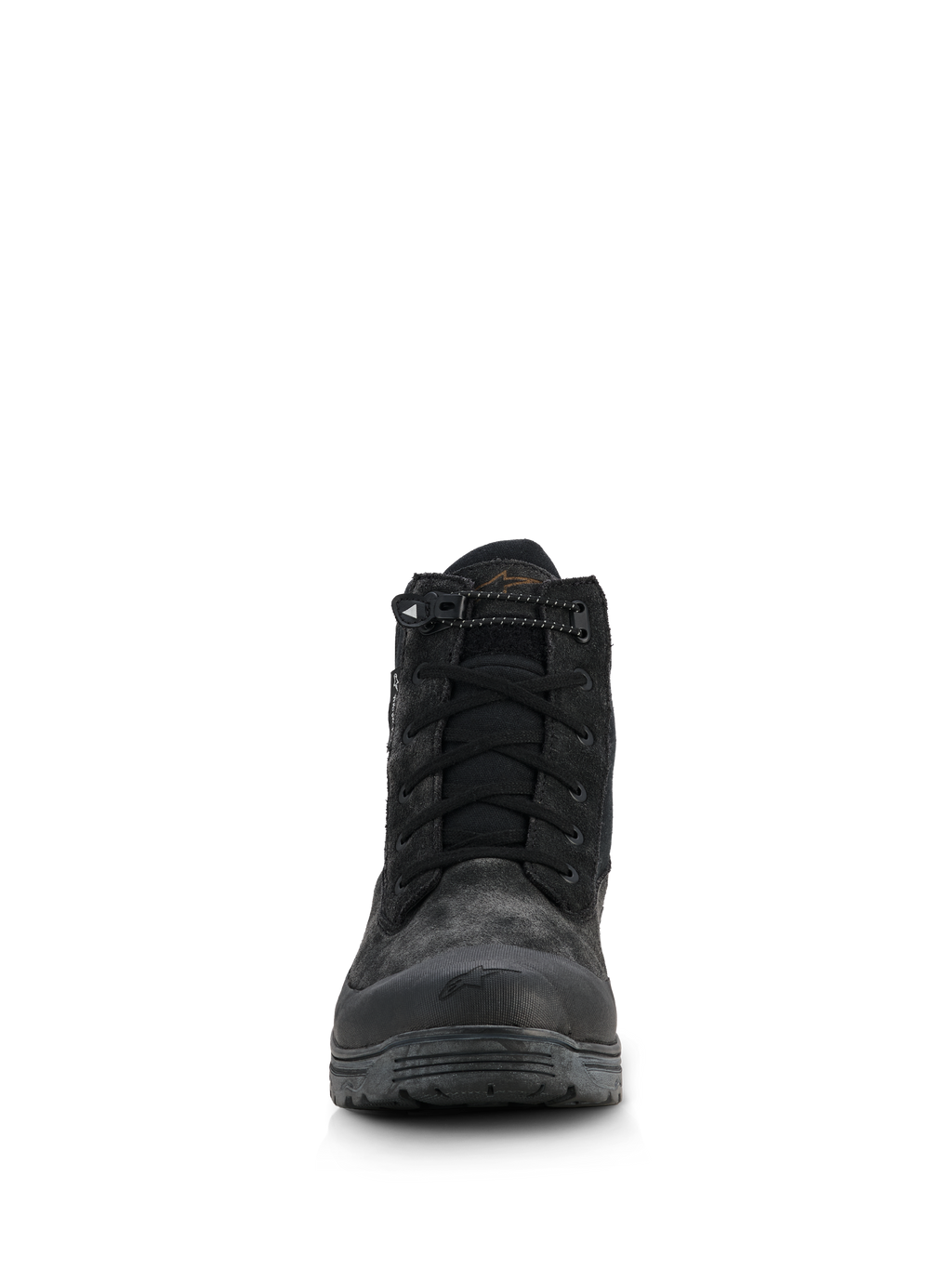 Alpinestars Woman Judy Waterproof Boots, Women's Motorcycle Riding Boots, Black, front view featuring a combat-style design, lace-up closure with an elasticated drawstring at the collar, matte finish with rubber toe reinforcement and elevated sole