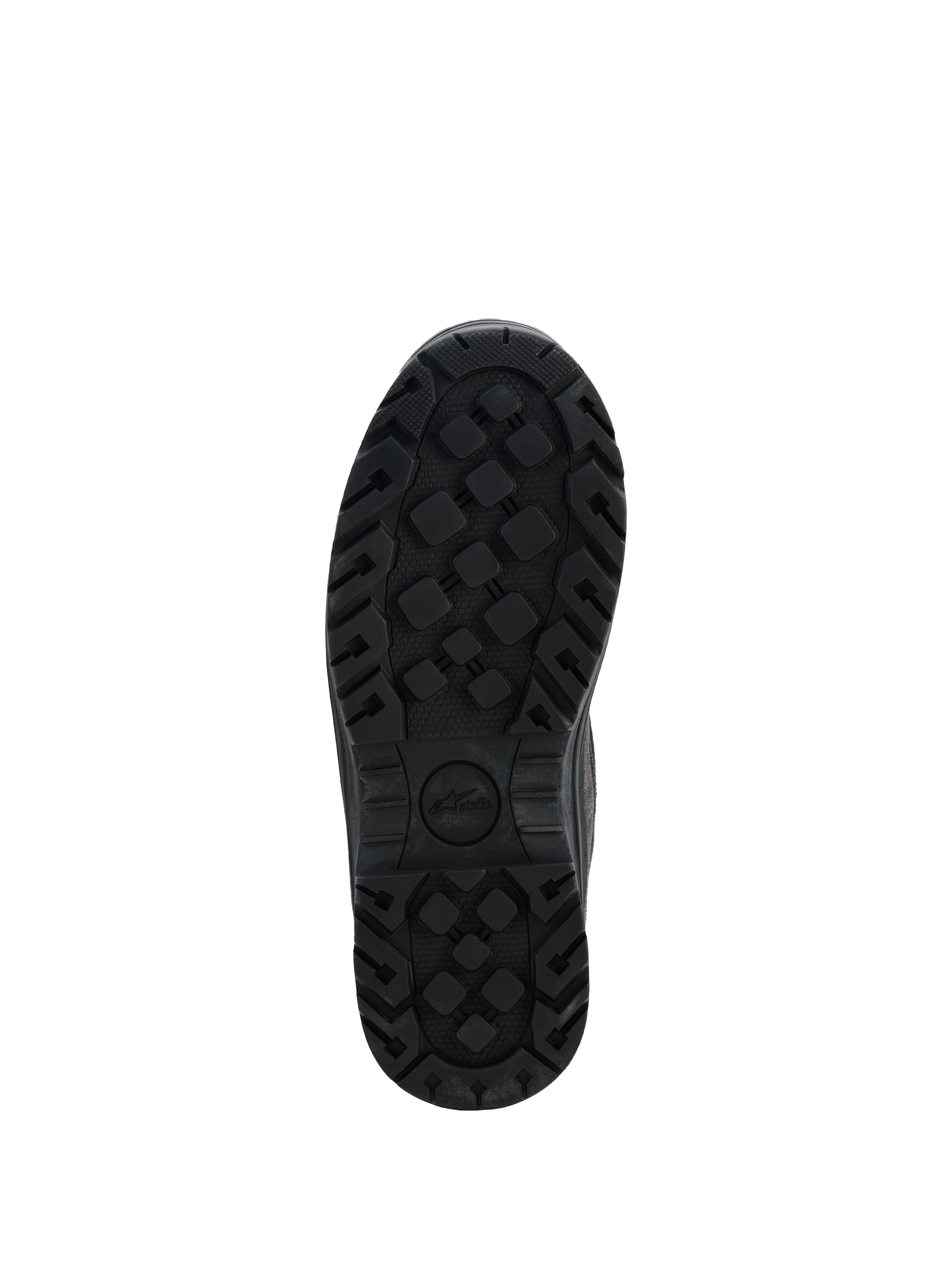 Alpinestars Woman Judy Waterproof Boots, Black motorcycle boots, bottom view of the rugged rubber outsole, textured tread pattern for enhanced grip and durability, featuring the Stella logo