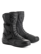 Bottes Alpinestars Radon Drystar®, bottes de moto touring, noir, avec trois sangles auto-agrippantes ajustables, plaque tibiale en TPU avec logo embossé et renfort de sélecteur, construction en microfibre durable pour la route et l'aventure