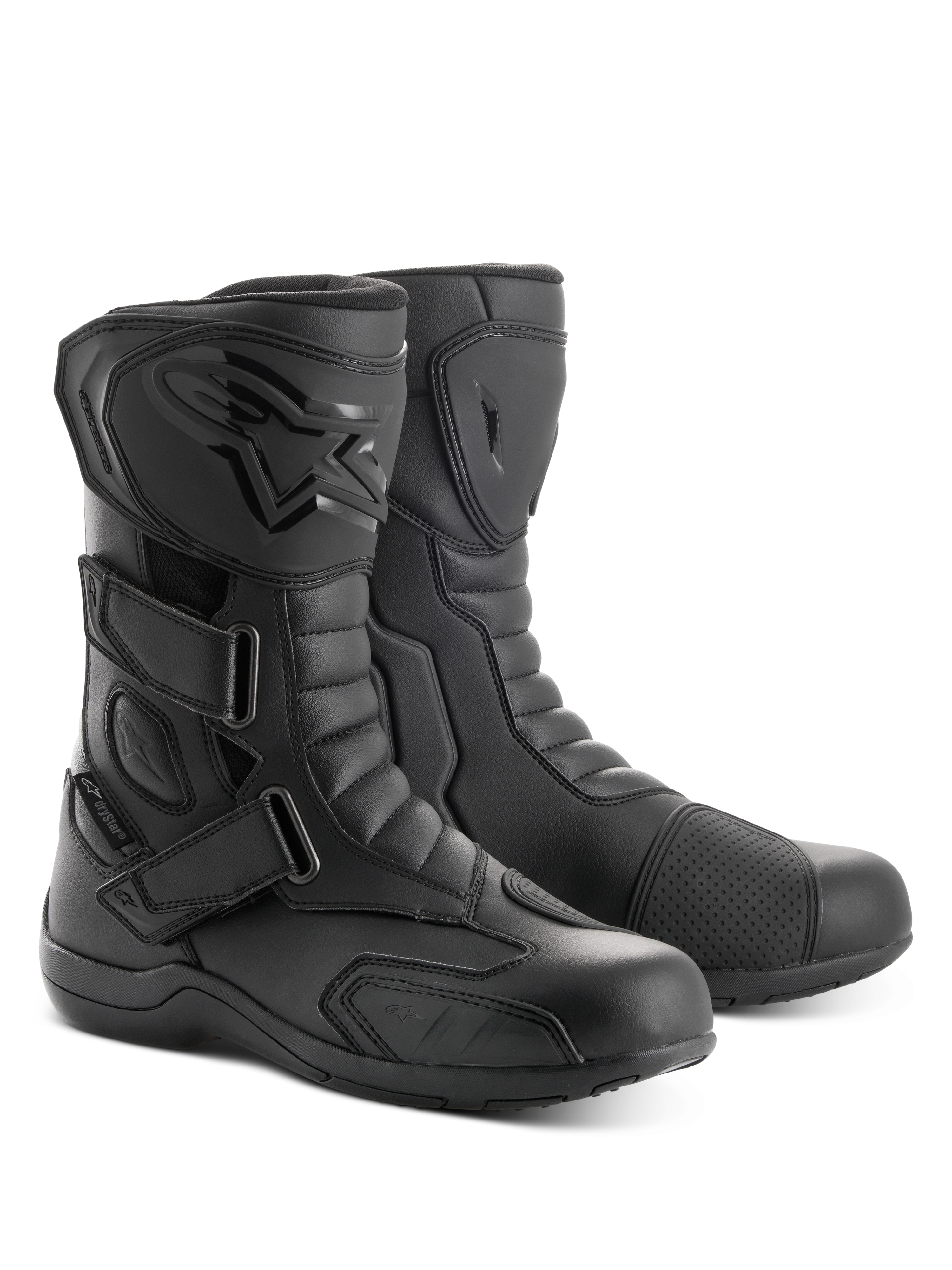 Bottes Alpinestars Radon Drystar®, bottes de moto touring, noir, avec trois sangles auto-agrippantes ajustables, plaque tibiale en TPU avec logo embossé et renfort de sélecteur, construction en microfibre durable pour la route et l'aventure