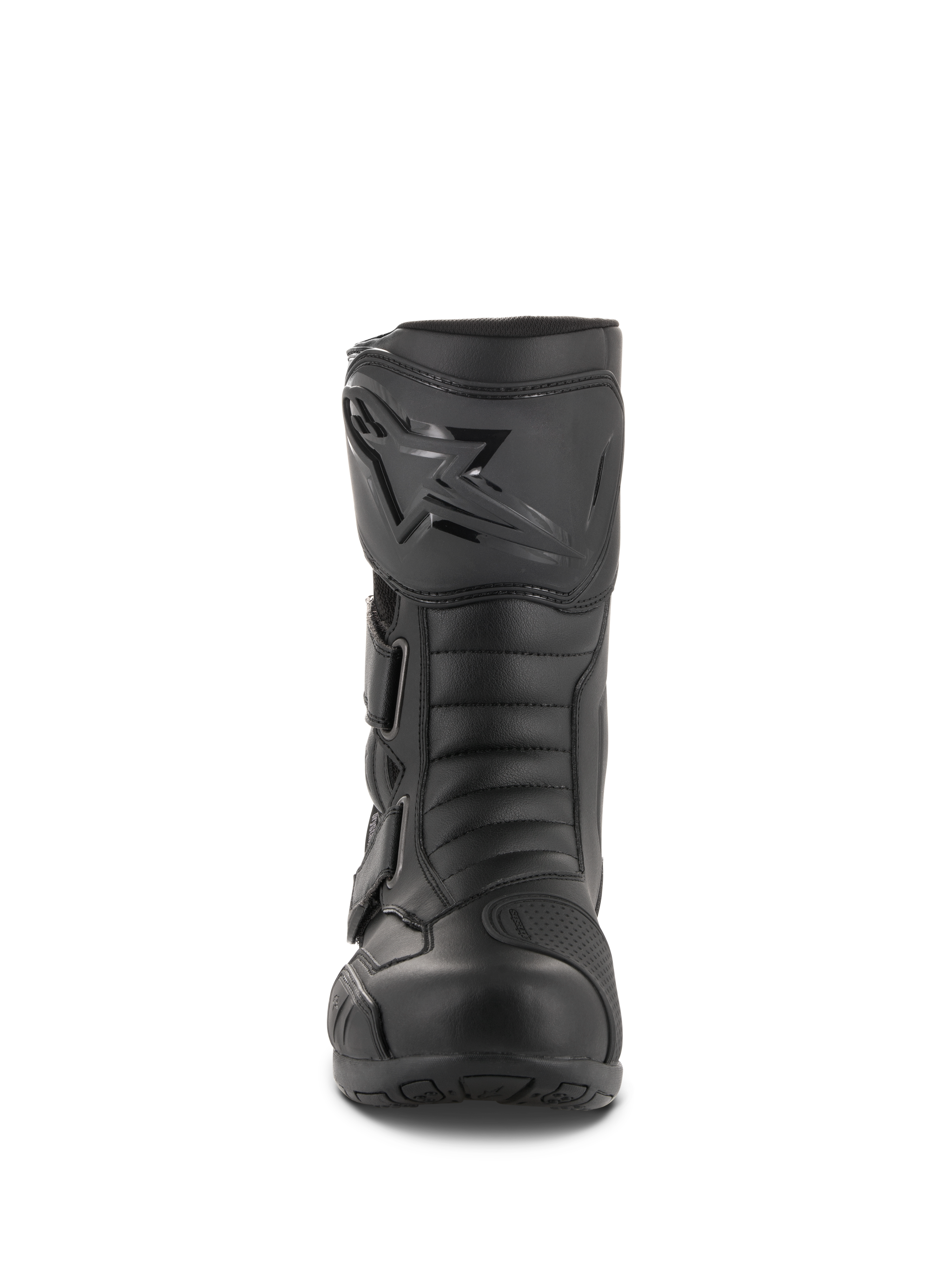 Bottes Alpinestars Radon Drystar®, bottes de moto touring imperméables, noir, vue de face montrant la plaque tibiale avec le logo Alpinestars, des sangles réglables et une pointe renforcée