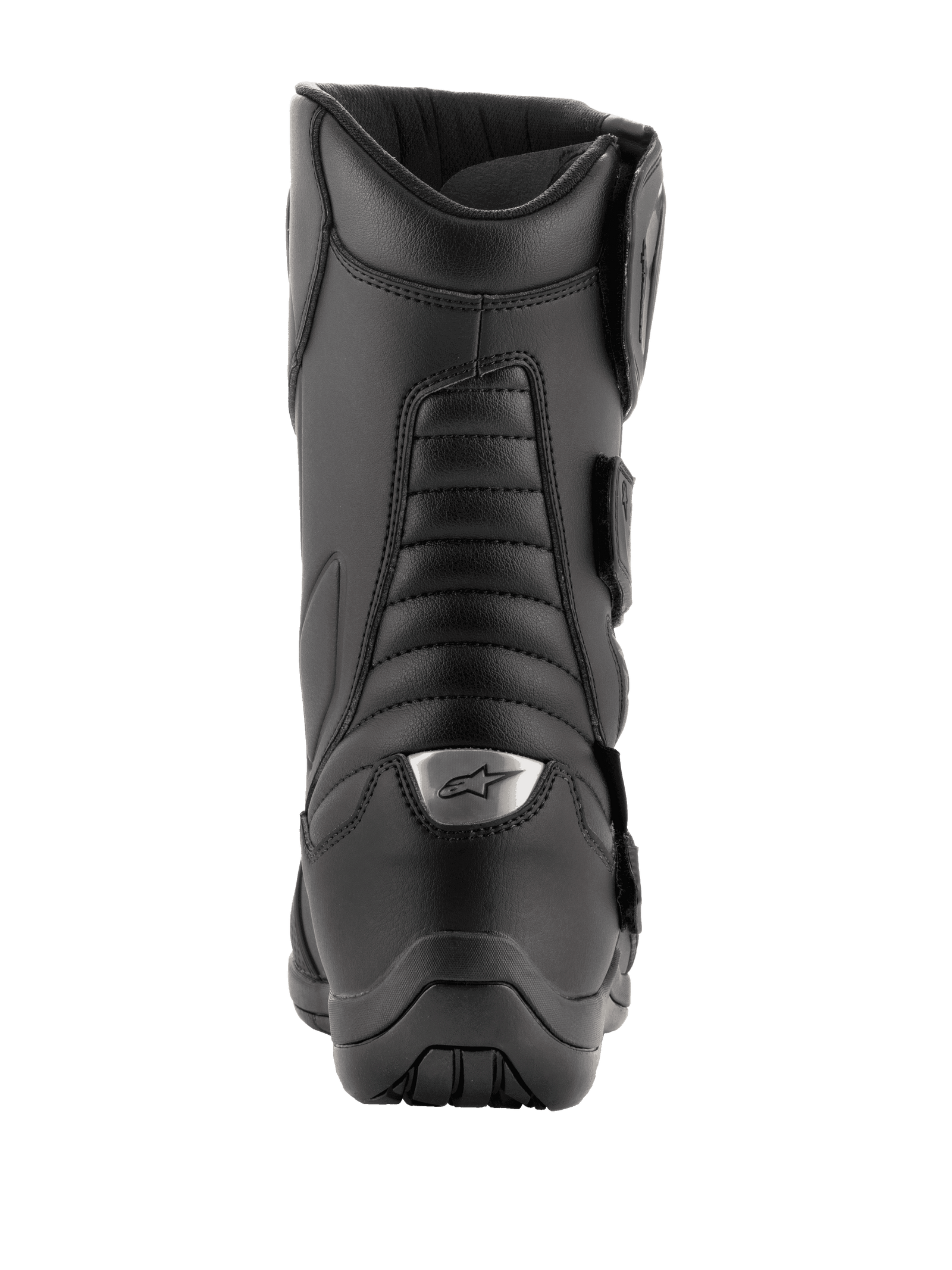 A pair of black Radon Drystar® Boots from Alpinestars EU with a sleek design, featuring reinforced ankles, shin plates, and adjustable straps. The boots boast a combination of smooth and textured leather panels along with a logo emblem on the outer side, providing both style and durable touring protection with 100% waterproofing.