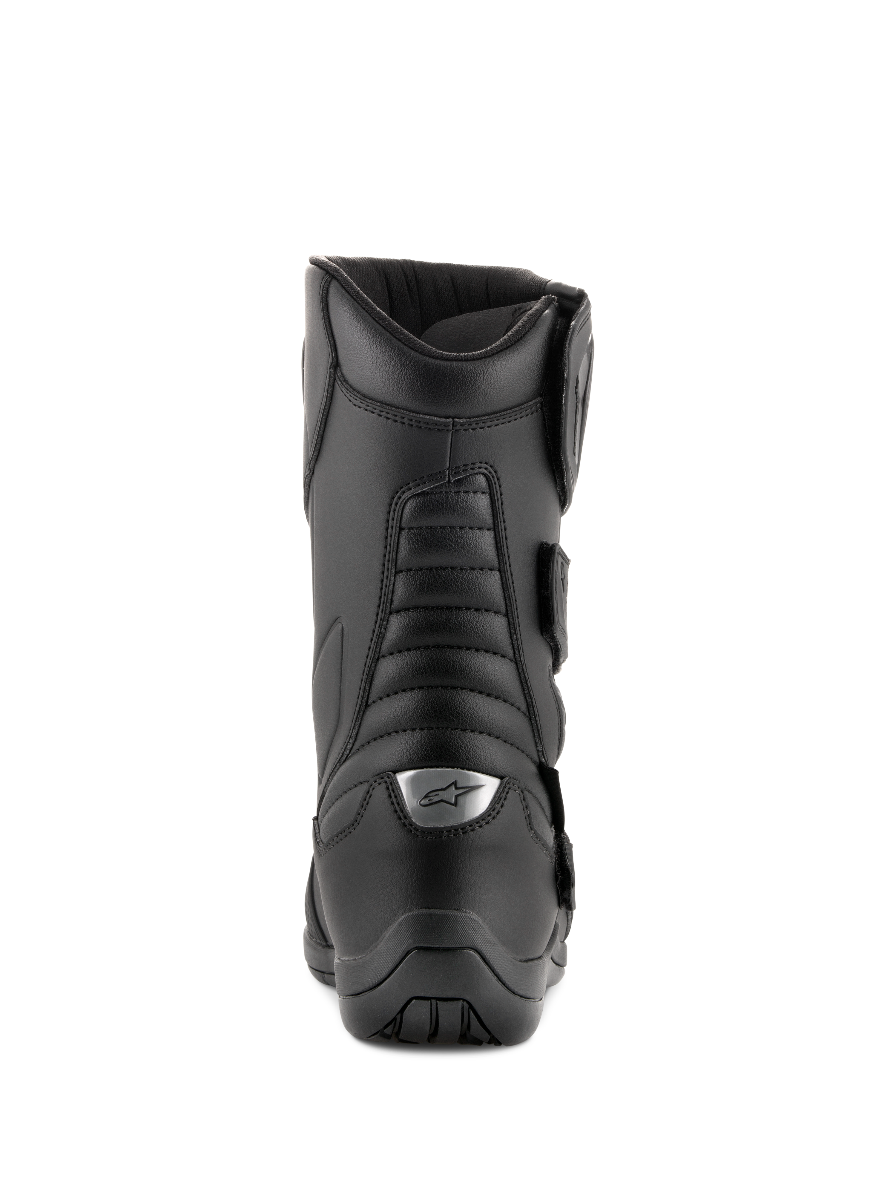 Bottes Alpinestars Radon Drystar®, noir, bottes de touring moto, vue arrière avec zones de flexion en accordéon et logo argenté sur le talon, construction en microfibre durable