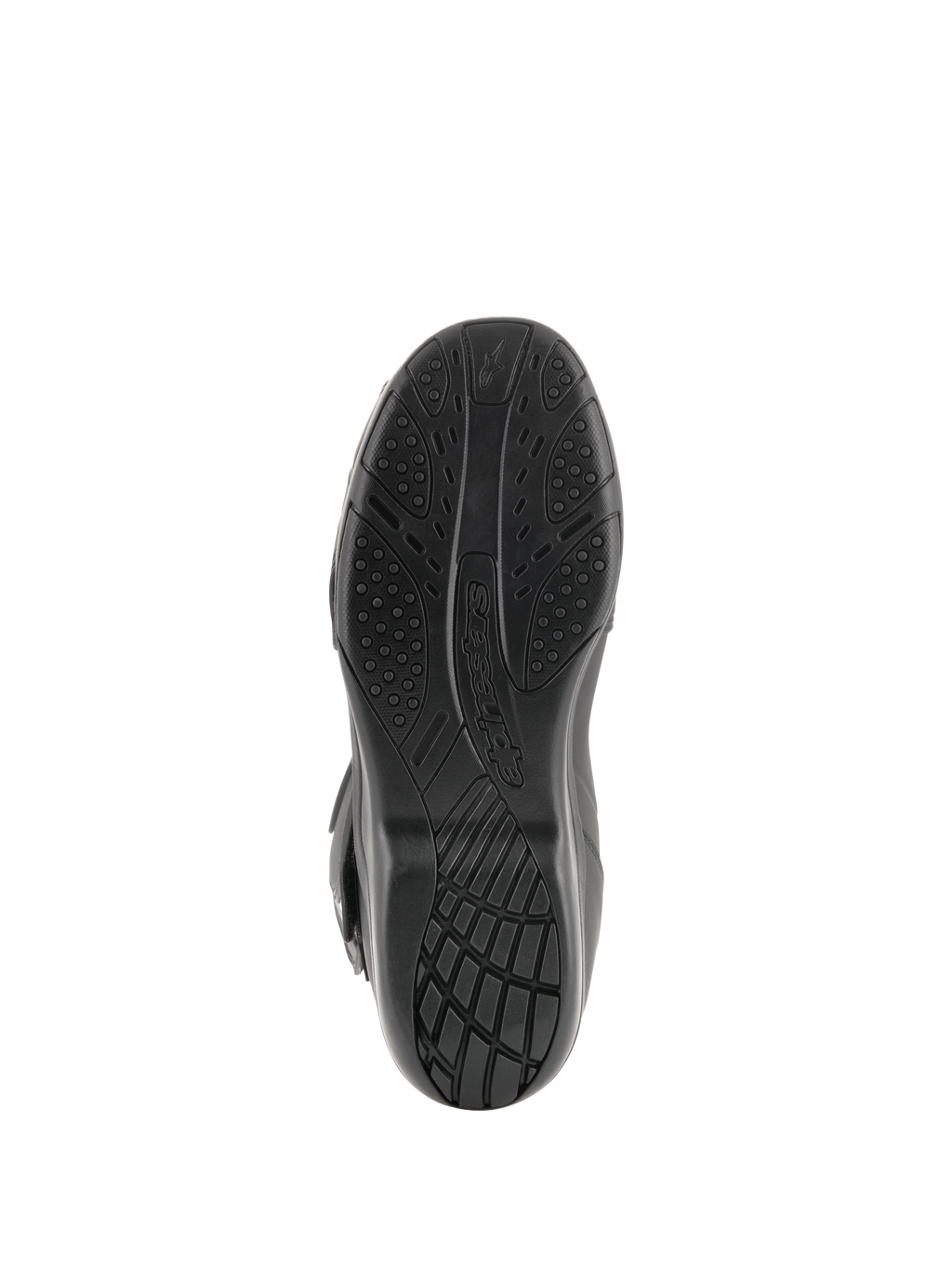Bottes Alpinestars Radon Drystar®, bottes de touring moto, vue de dessous de la semelle noire en composé vulcanisé avec motifs d'adhérence texturés et logo Alpinestars.