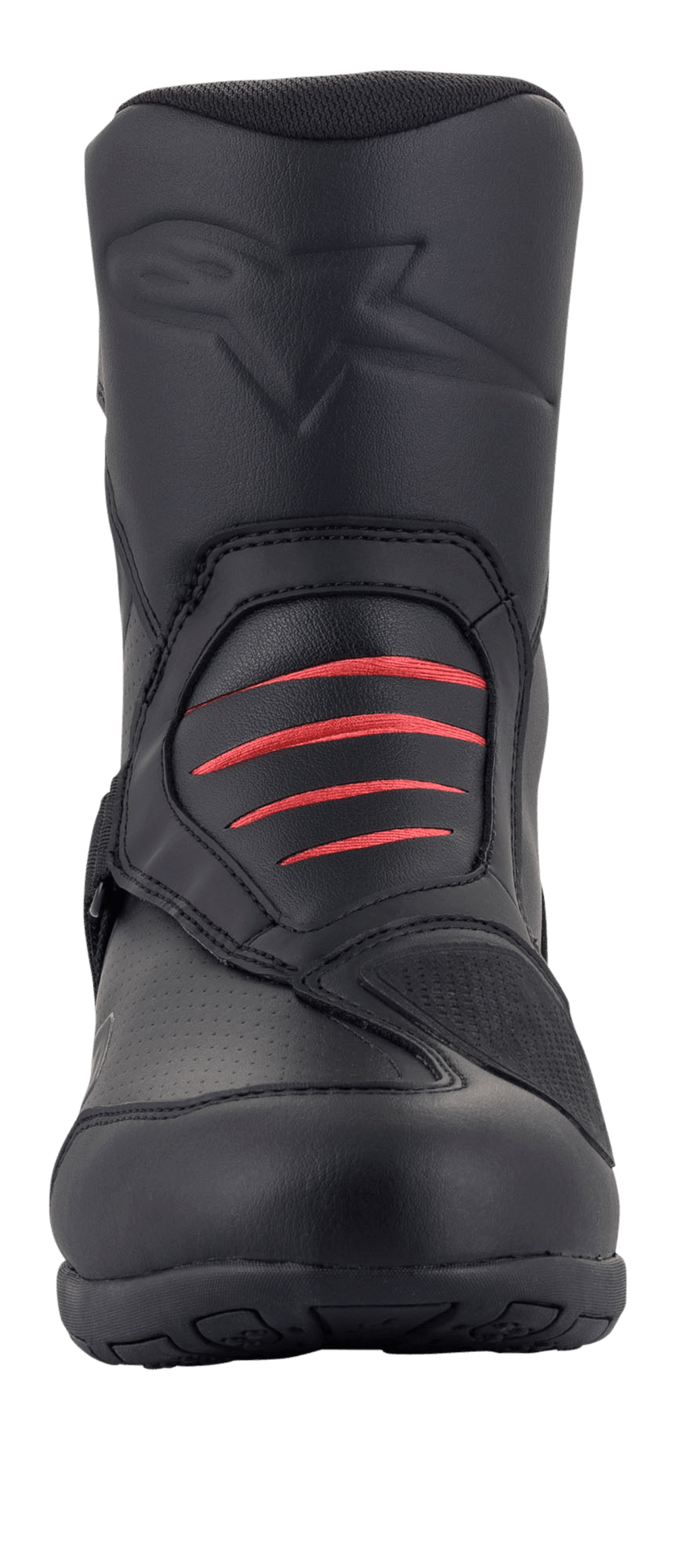 Alpinestars Ridge V2 Waterproof Boot, Black motorcycle touring boot, front view featuring red accordion flex panels on the instep, embossed logo on the shin, and durable microfiber construction for adventure and road riding.