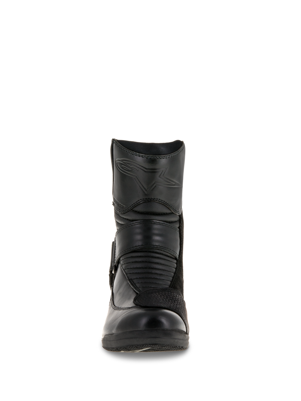 Alpinestars Stella Valencia Waterproof Damenstiefel, Vorderansicht, schwarze Lederkonstruktion, mit vorderen Akkordeon-Flexzonen und geprägtem Stern-Logo am Schienbein, niedrig geschnittener wasserdichter Motorrad-Tourenstiefel