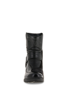 Alpinestars Stella Valencia Waterproof Damenstiefel, Vorderansicht, schwarze Lederkonstruktion, mit vorderen Akkordeon-Flexzonen und geprägtem Stern-Logo am Schienbein, niedrig geschnittener wasserdichter Motorrad-Tourenstiefel