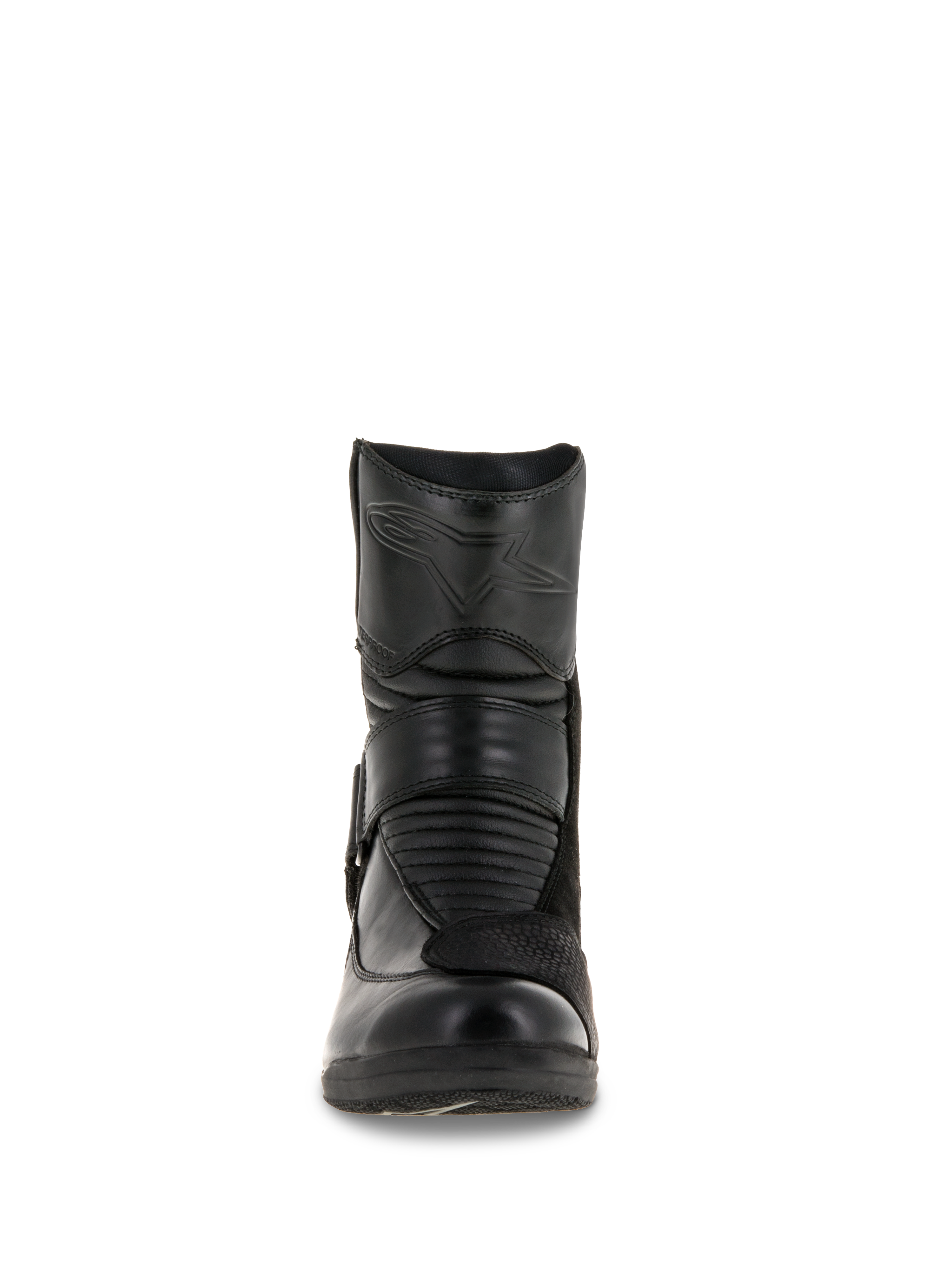 Alpinestars Stella Valencia Waterproof Damenstiefel, Vorderansicht, schwarze Lederkonstruktion, mit vorderen Akkordeon-Flexzonen und geprägtem Stern-Logo am Schienbein, niedrig geschnittener wasserdichter Motorrad-Tourenstiefel
