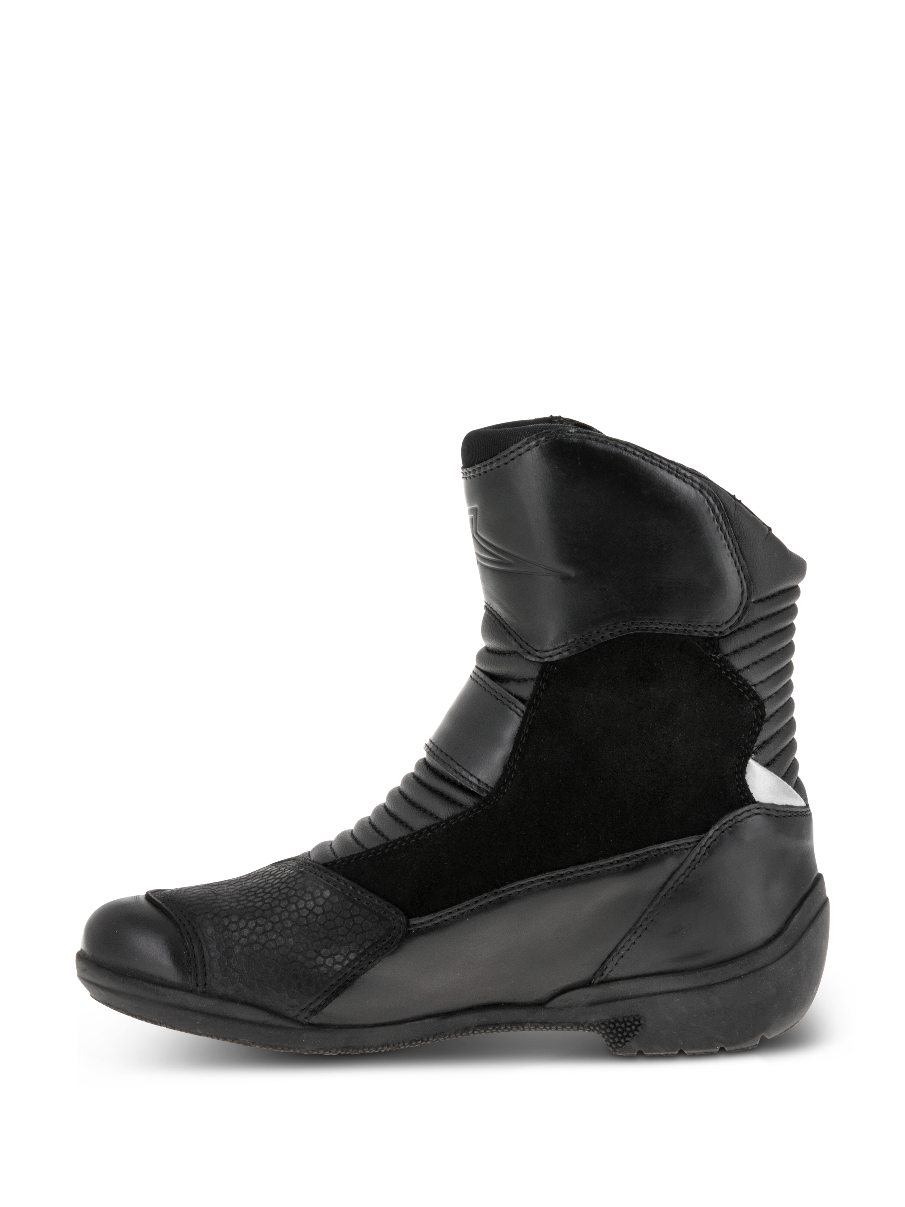 Alpinestars Damen Stella Valencia Waterproof Stiefel, Schwarz, Seitenansicht, Mehrpaneel-Design aus Leder und Wildleder, vordere und hintere Akkordeon-Flexzonen, niedrig geschnittene Motorrad-Tourenstiefel
