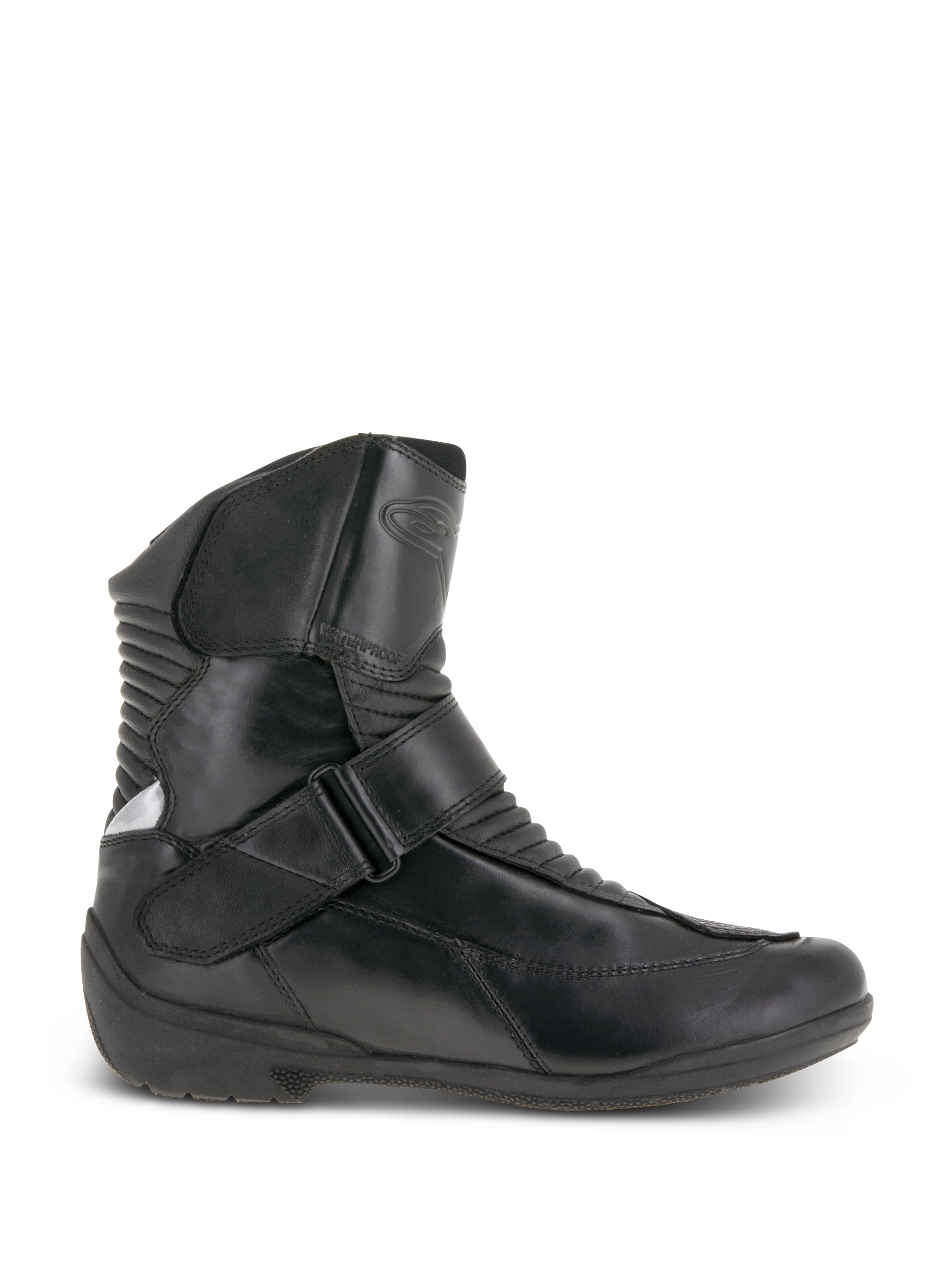 Alpinestars Stella Valencia Wasserdichte Stiefel, Damen-Motorrad-Touringstiefel, Schwarz, Seitenansicht, Lederkonstruktion mit vorderen und hinteren Akkordeon-Flexzonen, Schnallenverschluss am Rist und strukturierter Gummisohle.