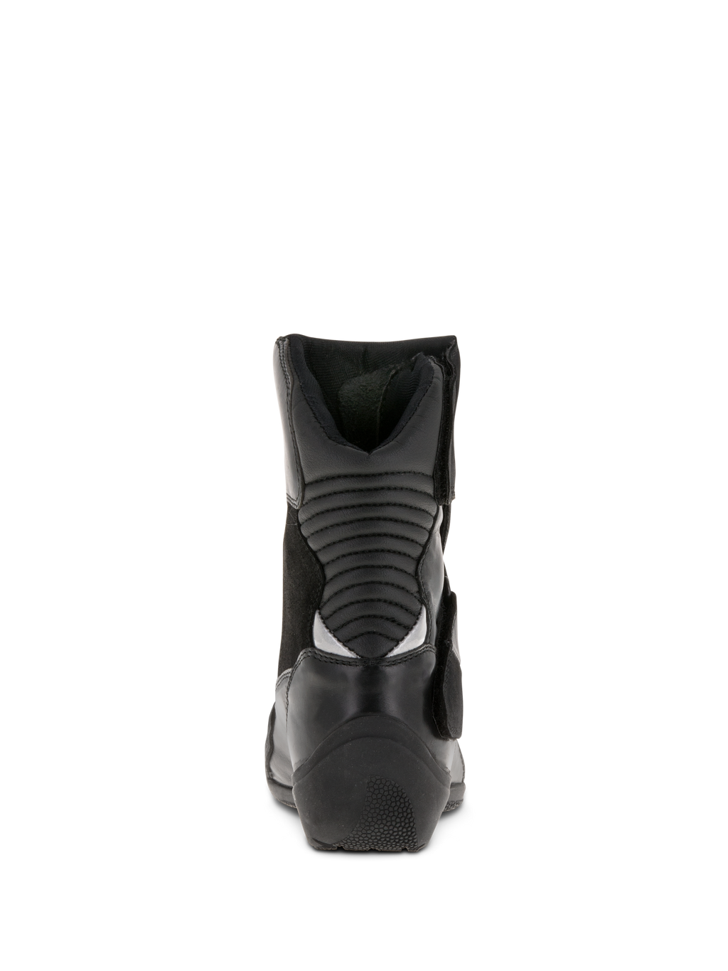 Alpinestars Stella Valencia Wasserdichte Damenstiefel, Schwarz, Rückansicht mit hinteren Akkordeon-Flexzonen, niedrig geschnittene Motorrad-Tourenstiefel aus Leder und Wildleder mit strukturierter Ferse