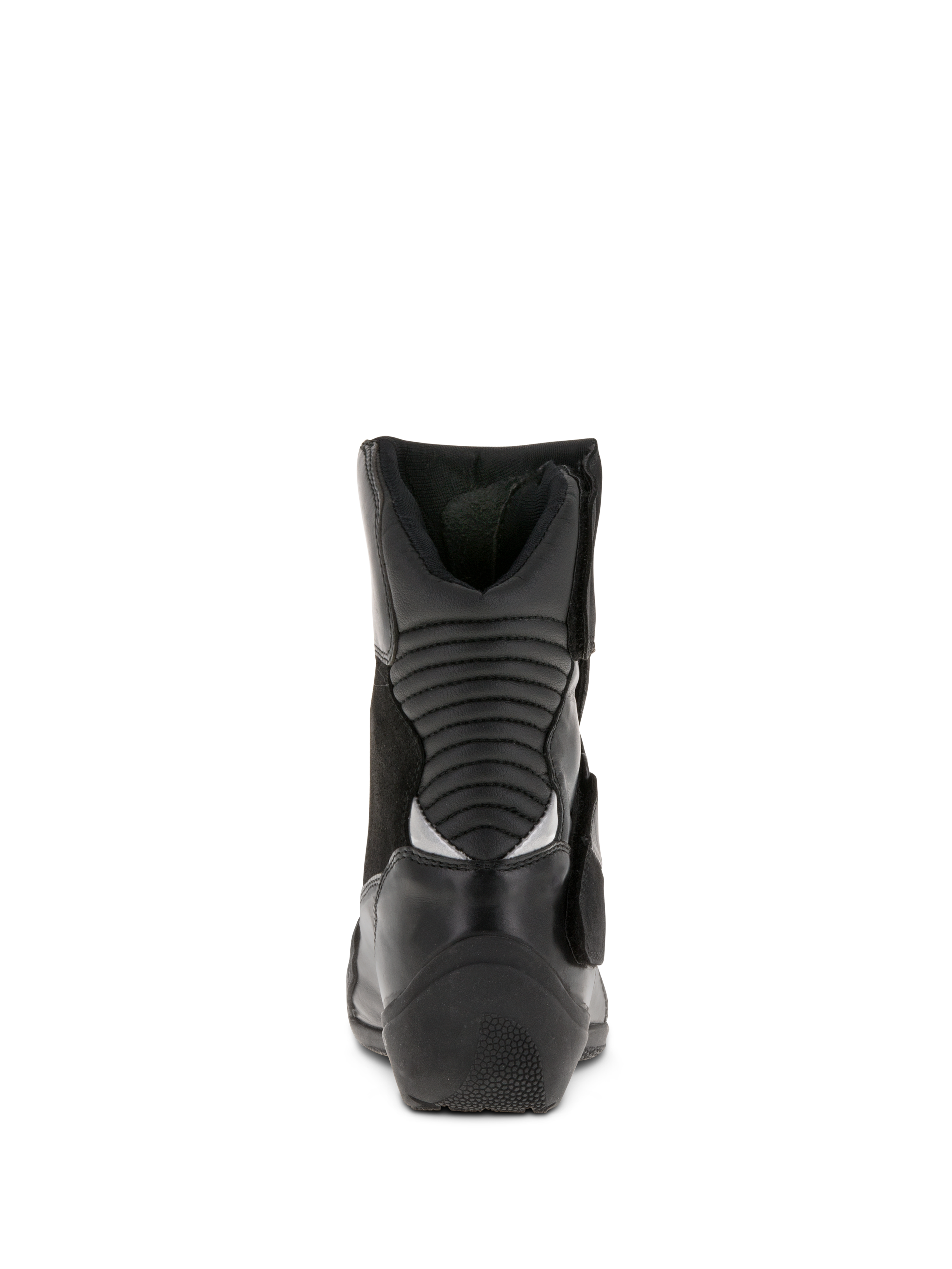 Alpinestars Stella Valencia Wasserdichte Damenstiefel, Schwarz, Rückansicht mit hinteren Akkordeon-Flexzonen, niedrig geschnittene Motorrad-Tourenstiefel aus Leder und Wildleder mit strukturierter Ferse