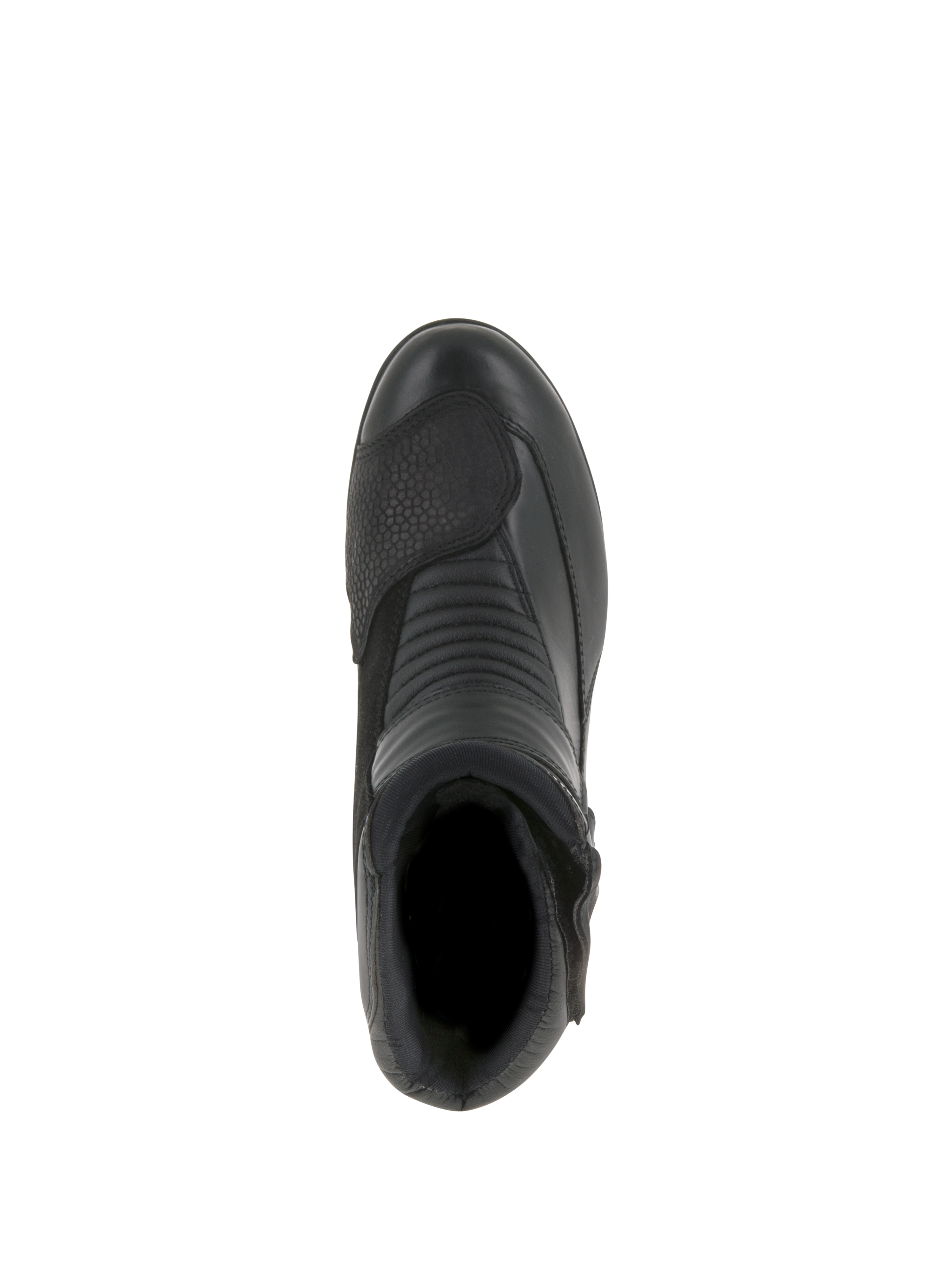 Alpinestars Damen Stella Valencia Wasserdichte Stiefel, Motorradstiefel, Schwarz, Draufsicht zur Hervorhebung der Akkordeon-Flexzonen und des strukturierten Schaltpolsters, niedrig geschnittenes Leder- und Wildleder-Design für Touren