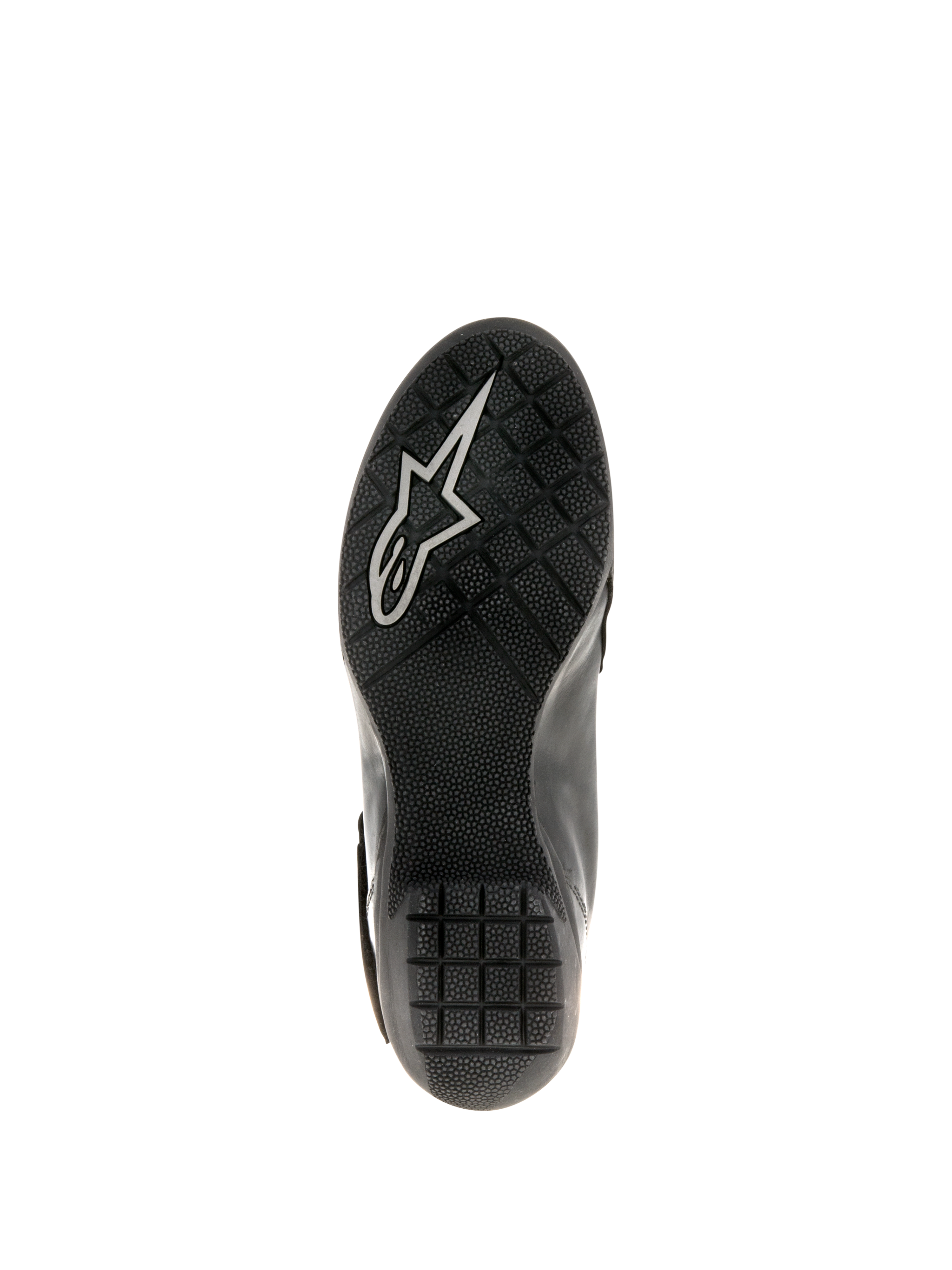 Alpinestars Stella Valencia Wasserdichte Damenstiefel, Schwarz, Sohlenansicht mit strukturiertem Gummiprofil für Rutschfestigkeit und weißem Astars-Logo, konzipiert für Stabilität beim Motorrad-Touring.