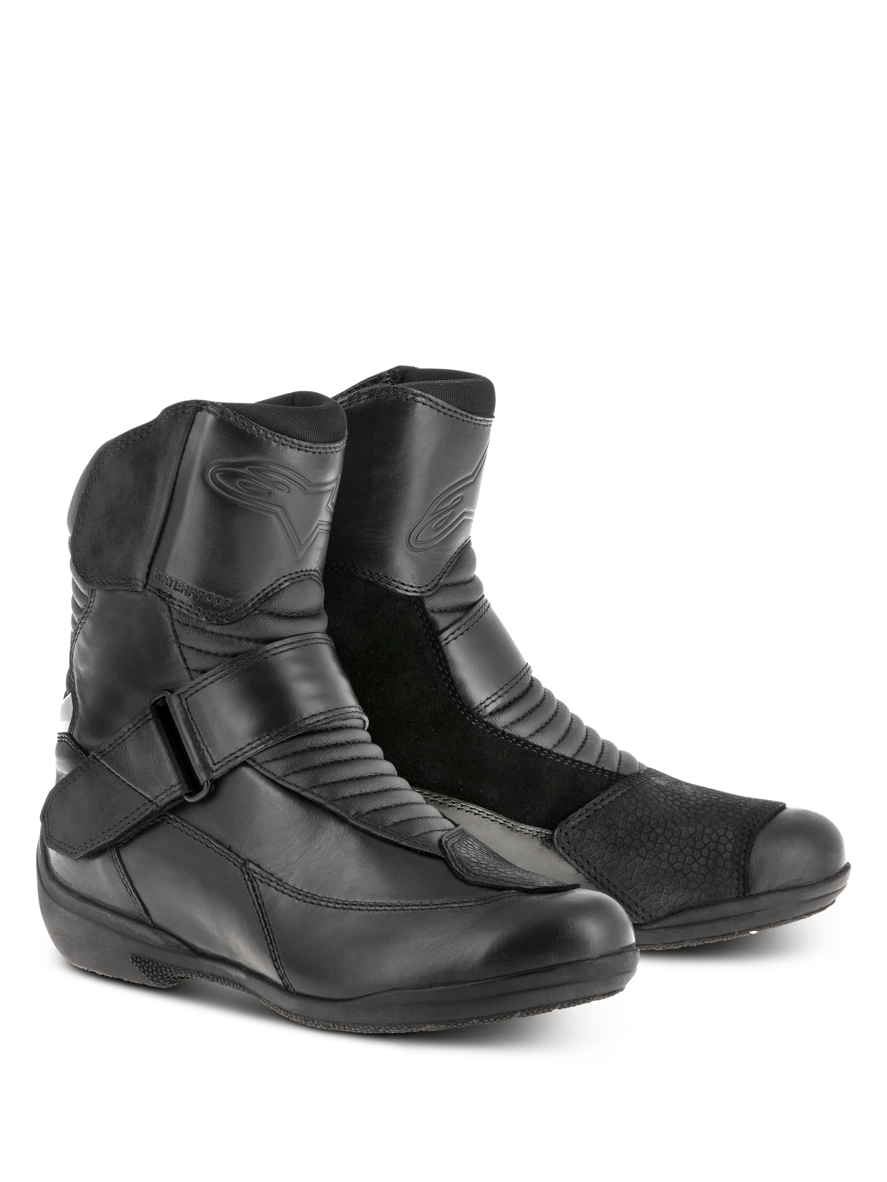 Alpinestars Stella Valencia Waterproof Damenstiefel, Schwarz, niedrig geschnittene Tourenstiefel mit Leder- und Wildledereinsätzen, Akkordeon-Flexzonen und Schnallenverschluss am Rist, wasserdichte Motorradschuhe für Damen