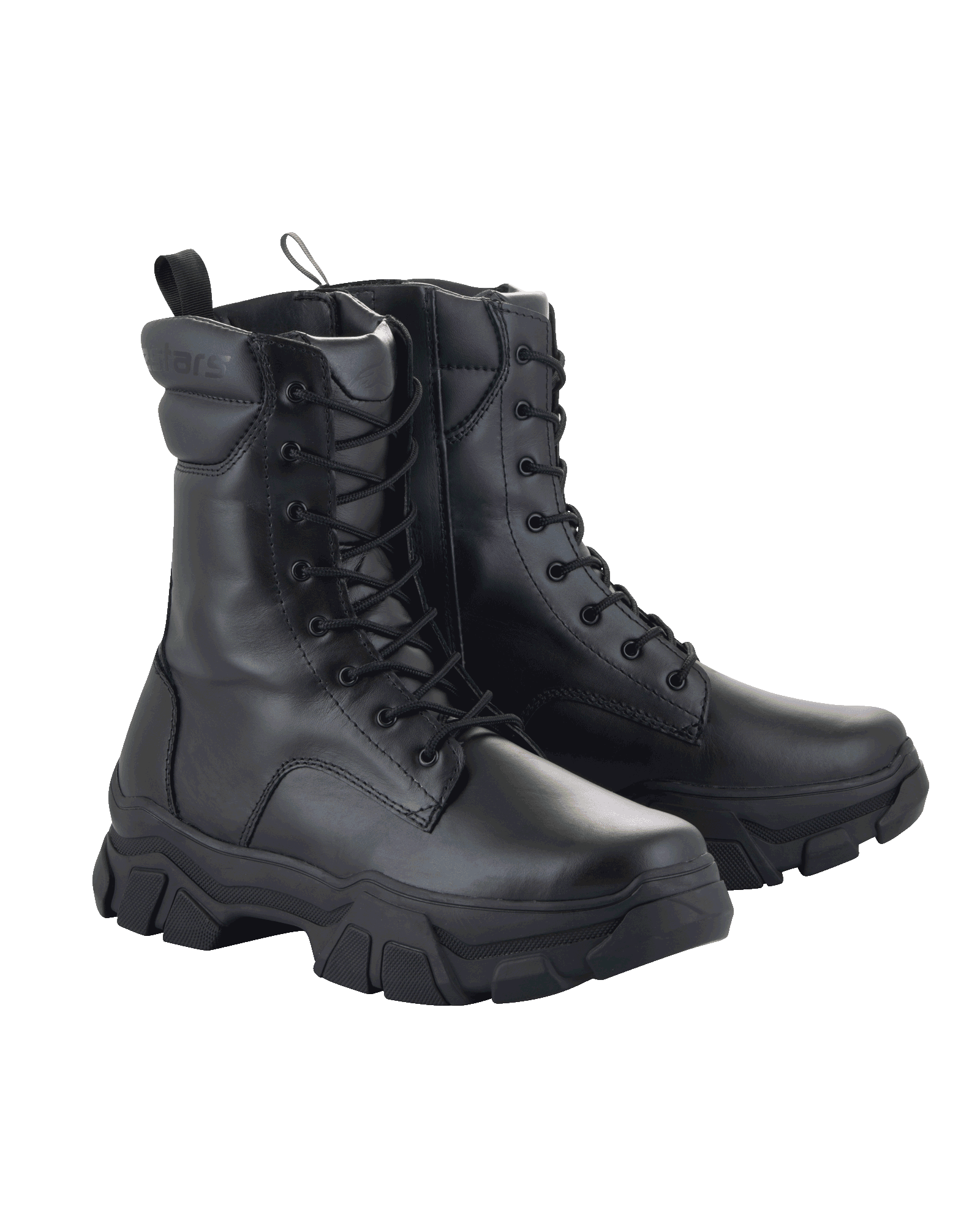 Bottes Alpinestars Ava pour femme, bottes de moto urbaines, noir, construction en cuir pleine fleur, semelle en caoutchouc épaisse et surélevée, laçage frontal avec fermeture éclair latérale, style utilitaire robuste