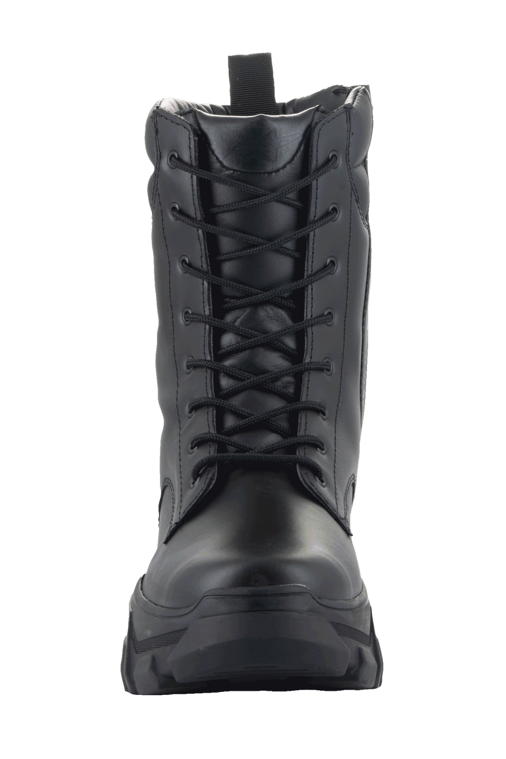 Bottes pour femmes Alpinestars Ava, bottes de moto urbaines, noir, vue de face montrant la construction en cuir pleine fleur, fermeture à lacets et semelle épaisse surélevée, style utilitaire robuste pour la conduite de moto