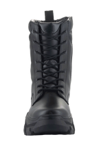 Bottes pour femmes Alpinestars Ava, bottes de moto urbaines, noir, vue de face montrant la construction en cuir pleine fleur, fermeture à lacets et semelle épaisse surélevée, style utilitaire robuste pour la conduite de moto