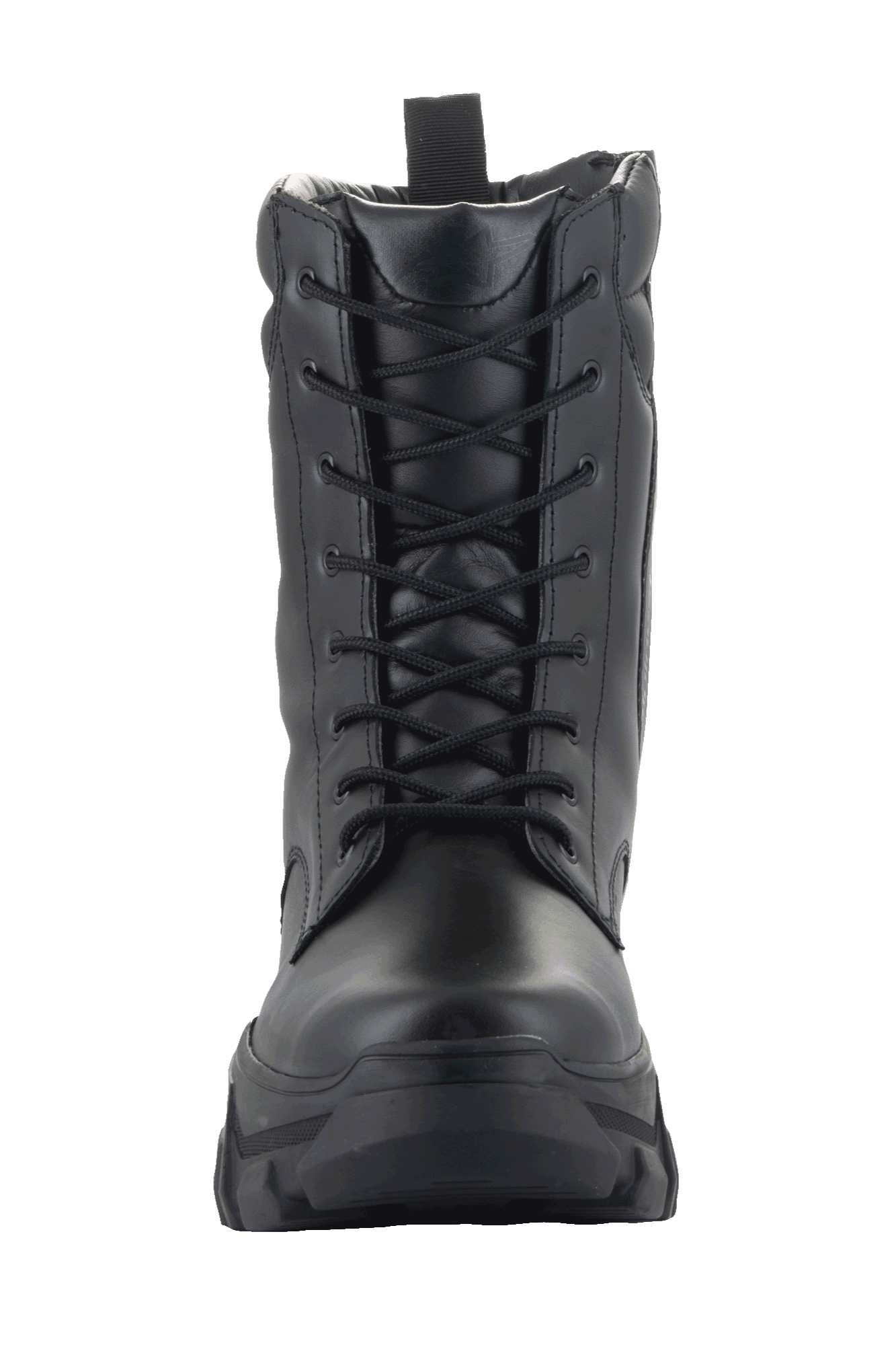 Bottes pour femmes Alpinestars Ava, bottes de moto urbaines, noir, vue de face montrant la construction en cuir pleine fleur, fermeture à lacets et semelle épaisse surélevée, style utilitaire robuste pour la conduite de moto