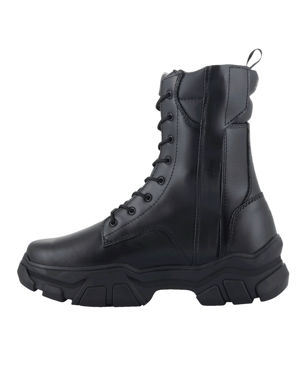 Bottes Alpinestars Ava pour femme, cuir pleine fleur noir, botte de moto urbaine avec semelle en caoutchouc épaisse et surélevée, lacets à l'avant et fermeture éclair latérale, chaussure de protection pour femme