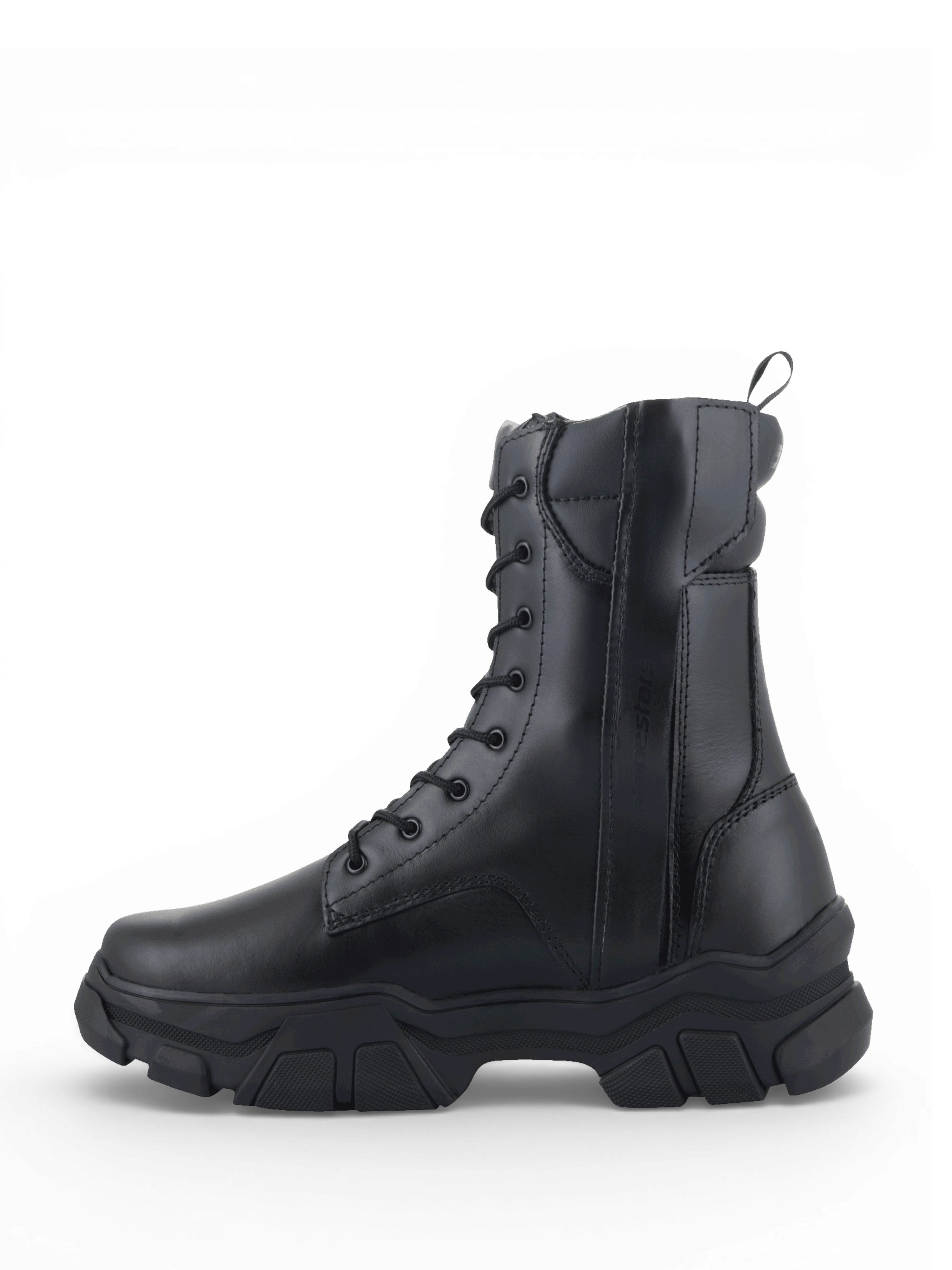Alpinestars bottes Ava, bottes de moto urbaine pour femme en cuir noir avec une semelle épaisse surélevée en caoutchouc.