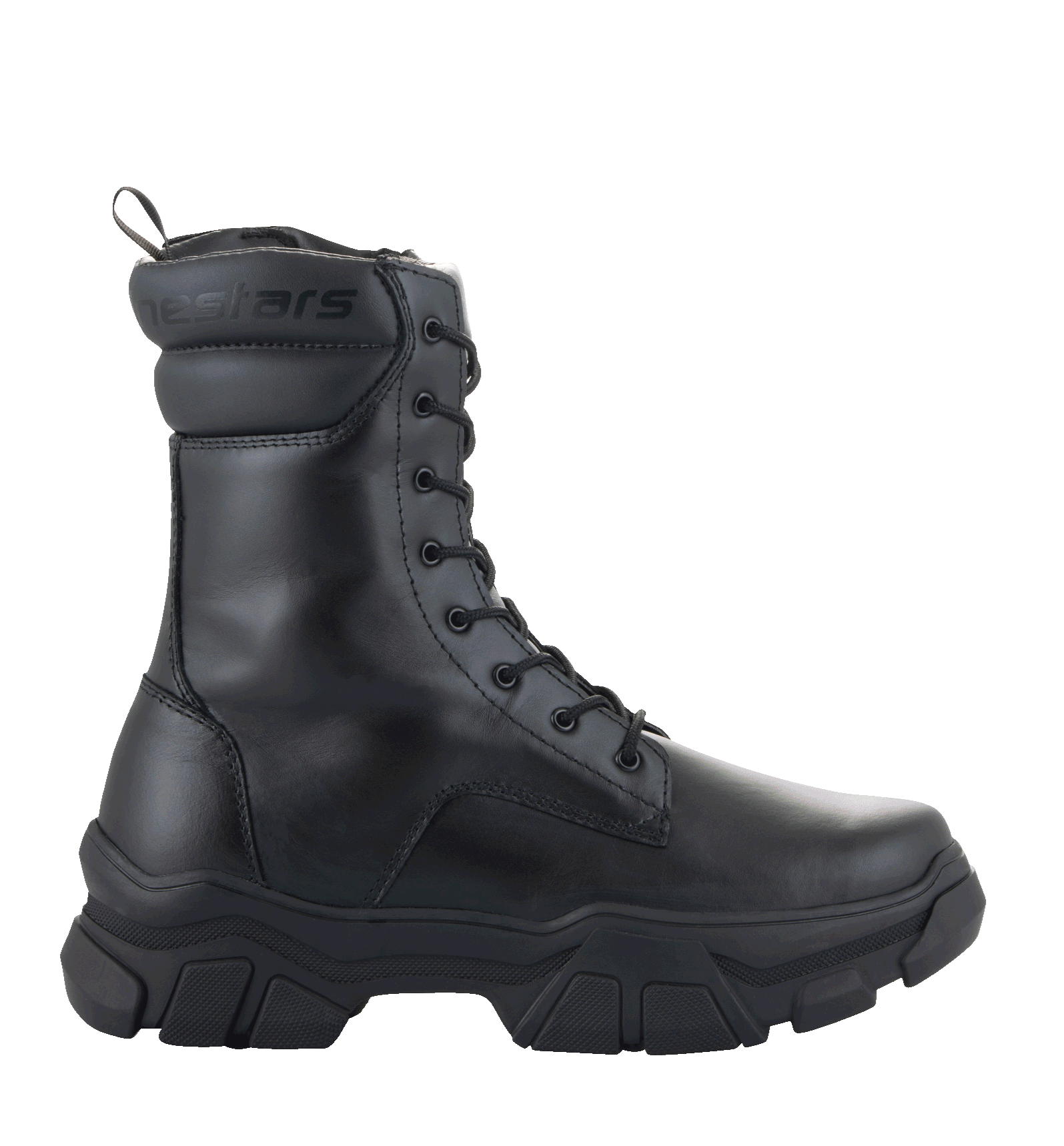 Bottes Alpinestars Ava pour femme, bottes de moto urbaines, noir, vue de profil, semelle épaisse surélevée en caoutchouc, construction en cuir pleine fleur, fermeture à lacets, design d'inspiration utilitaire pour la ville et la moto.