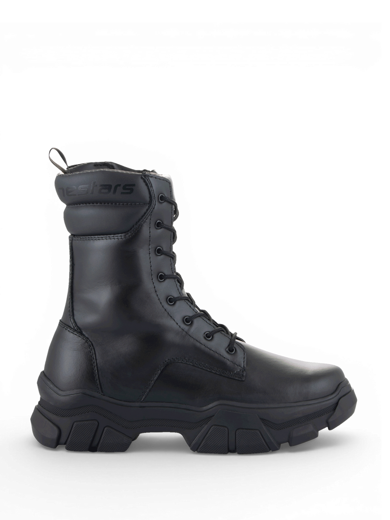 Alpinestars Ava damesmotorlaarzen, urban stijl in zwart leer met een robuuste verhoogde zool, CE-gecertificeerd.
