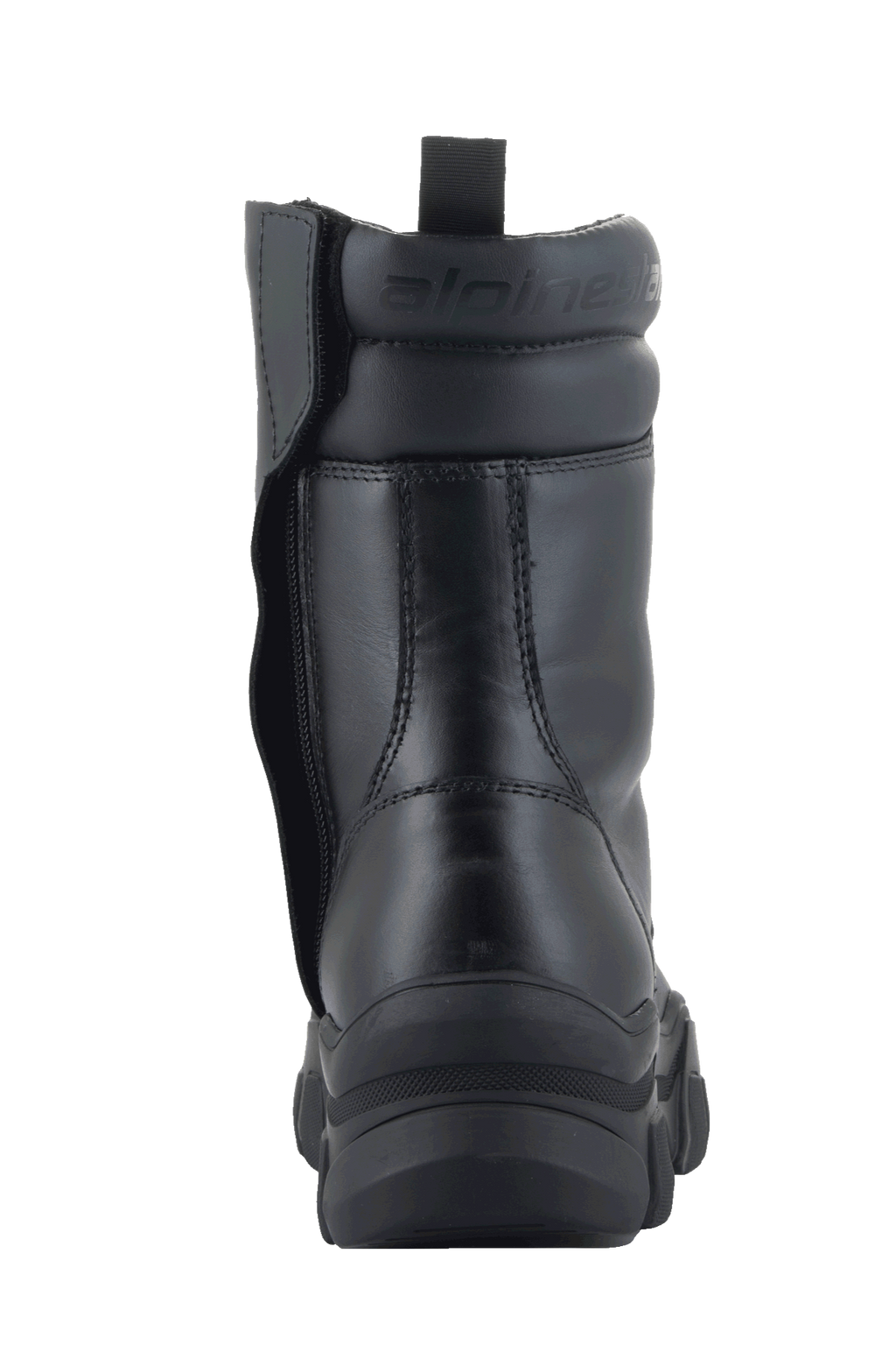 Bottes Femme Alpinestars Ava, noir, vue arrière montrant la semelle épaisse surélevée en caoutchouc et la fermeture éclair latérale, construction en cuir pleine fleur avec col de cheville rembourré et logo embossé, chaussures urbaines modernes pour la moto.