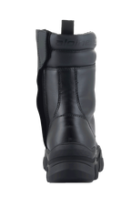 Bottes Femme Alpinestars Ava, noir, vue arrière montrant la semelle épaisse surélevée en caoutchouc et la fermeture éclair latérale, construction en cuir pleine fleur avec col de cheville rembourré et logo embossé, chaussures urbaines modernes pour la moto.