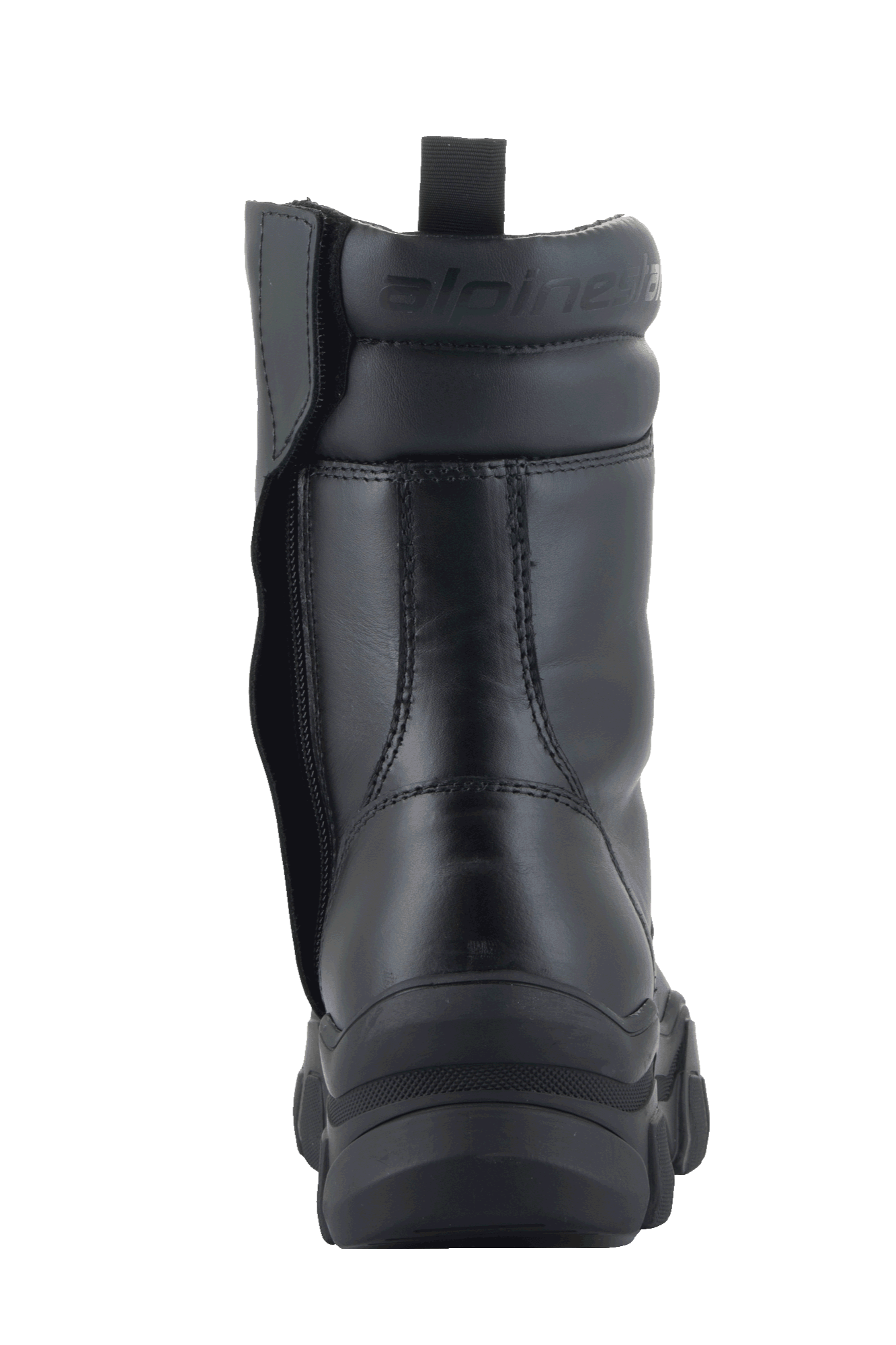 Bottes Femme Alpinestars Ava, noir, vue arrière montrant la semelle épaisse surélevée en caoutchouc et la fermeture éclair latérale, construction en cuir pleine fleur avec col de cheville rembourré et logo embossé, chaussures urbaines modernes pour la moto.