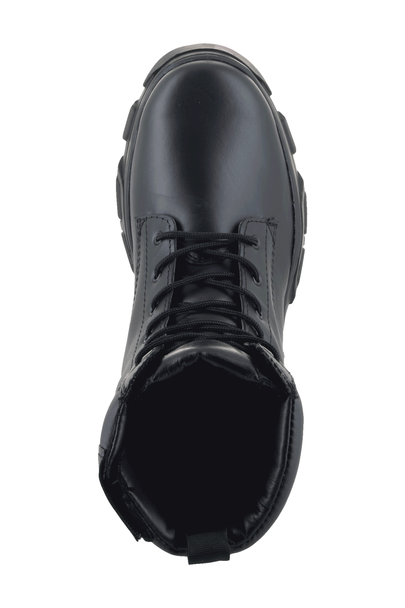 Bottes Ava Femme Alpinestars, bottes de moto urbaines, noir, vue de dessus avec fermeture à lacets et semelle en caoutchouc surélevée et épaisse, design utilitaire en cuir pleine fleur