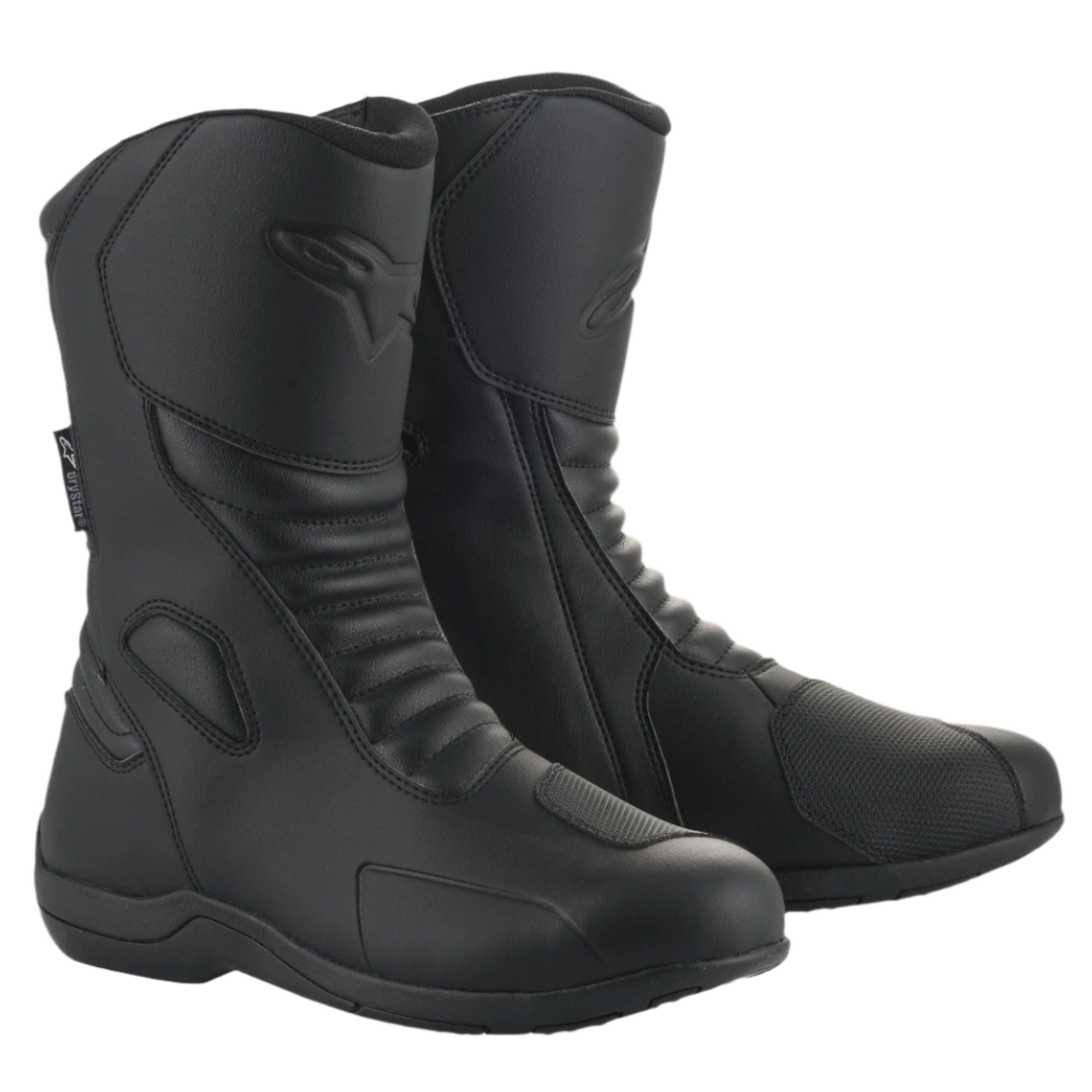 Bottes Alpinestars Origin Drystar®, bottes de moto touring noires, tige en microfibre avec zones de flexion en accordéon à l'avant, logo Alpinestars embossé sur le mollet, renfort de sélecteur synthétique, design imperméable épuré pour la route et l'aventure